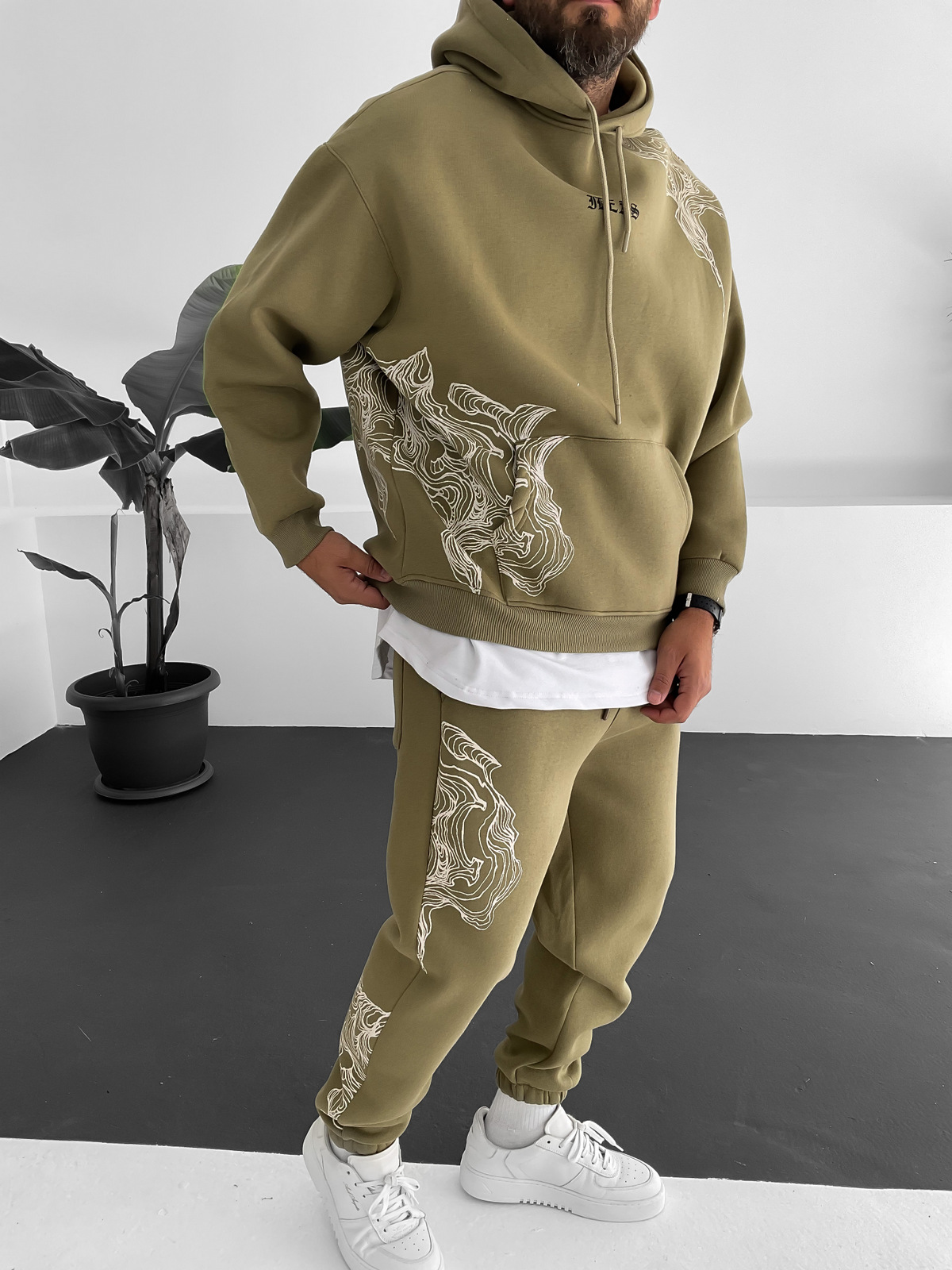 Haki Wave Baskılı Kapüşonlu Sweat V-10009