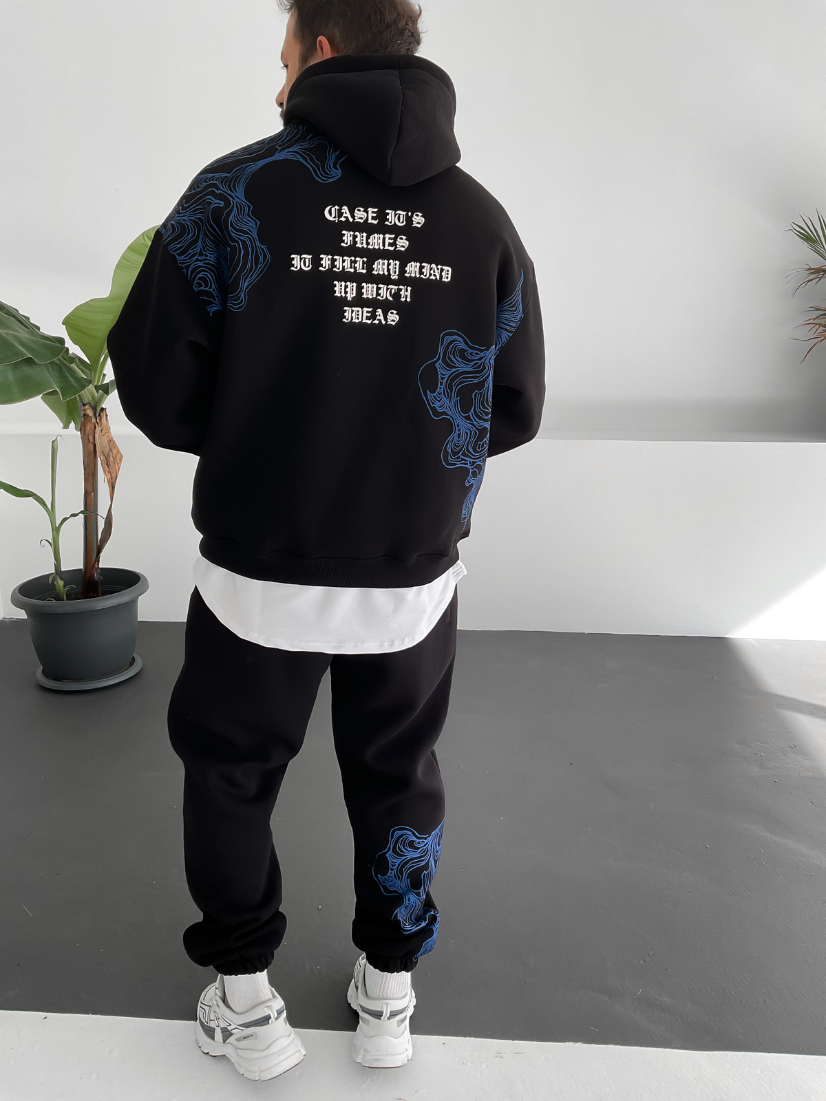 Siyah Wave Baskılı Kapüşonlu Sweat V-10009