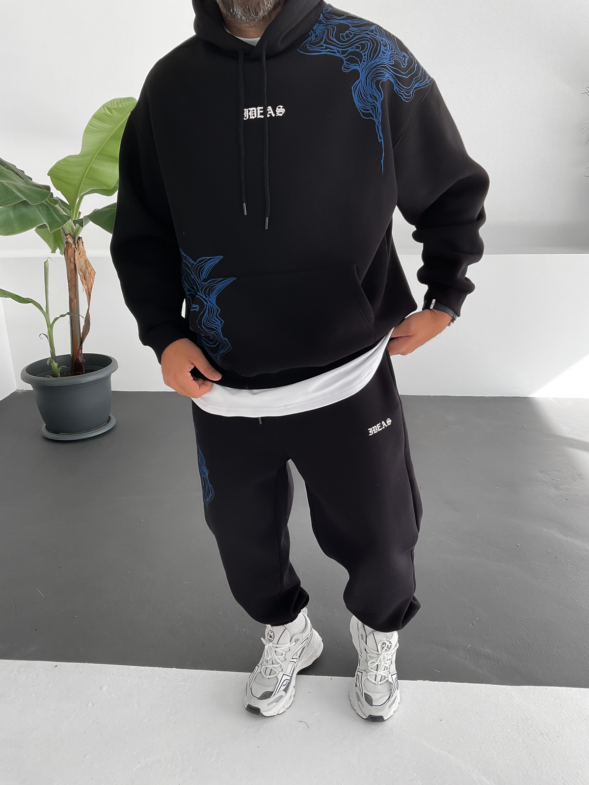 Siyah Wave Baskılı Kapüşonlu Sweat V-10009
