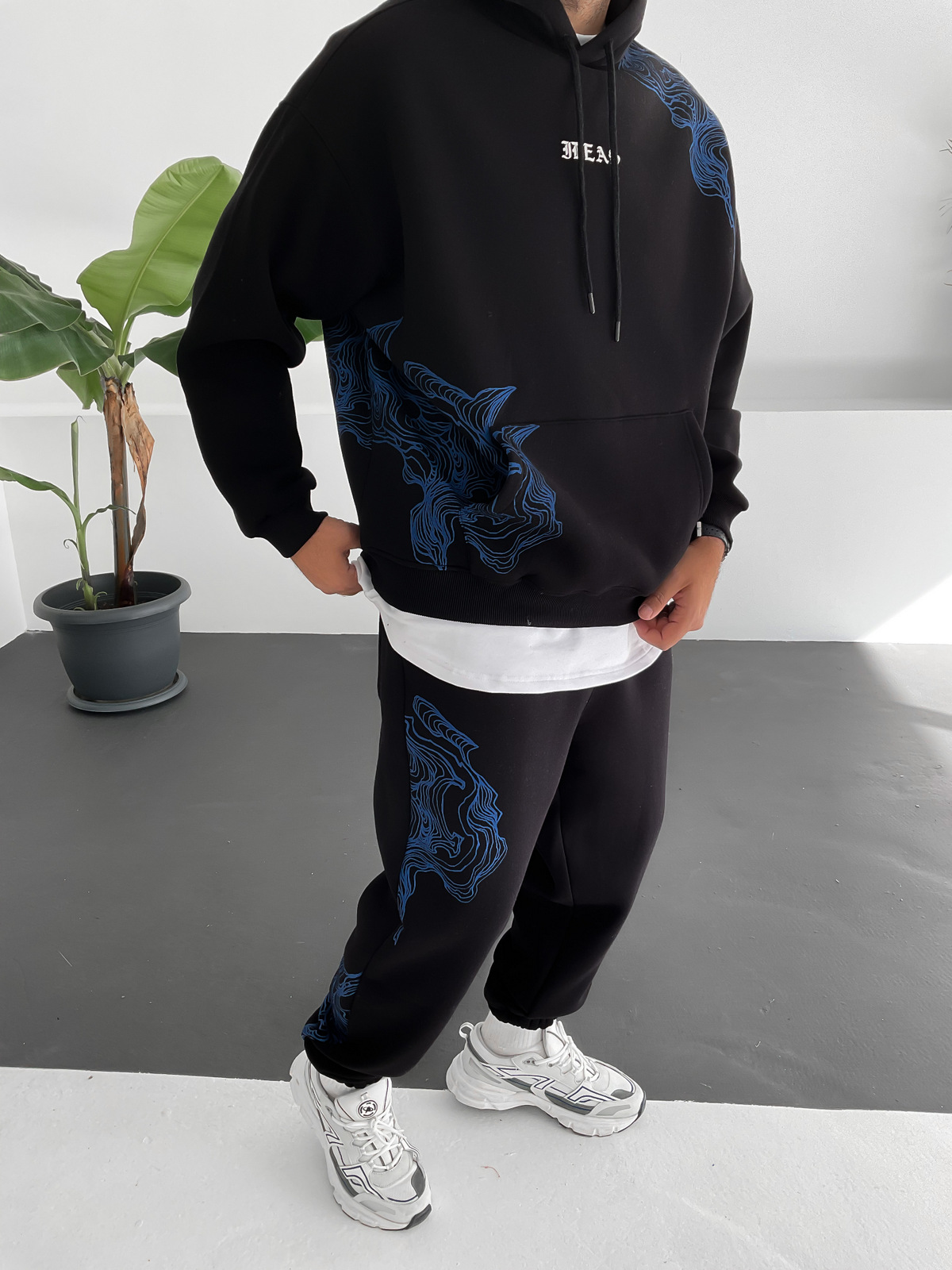 Siyah Wave Baskılı Kapüşonlu Sweat V-10009