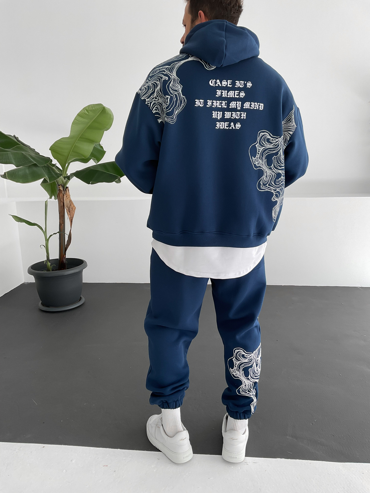 Lacivert Wave Baskılı Kapüşonlu Sweat V-10009