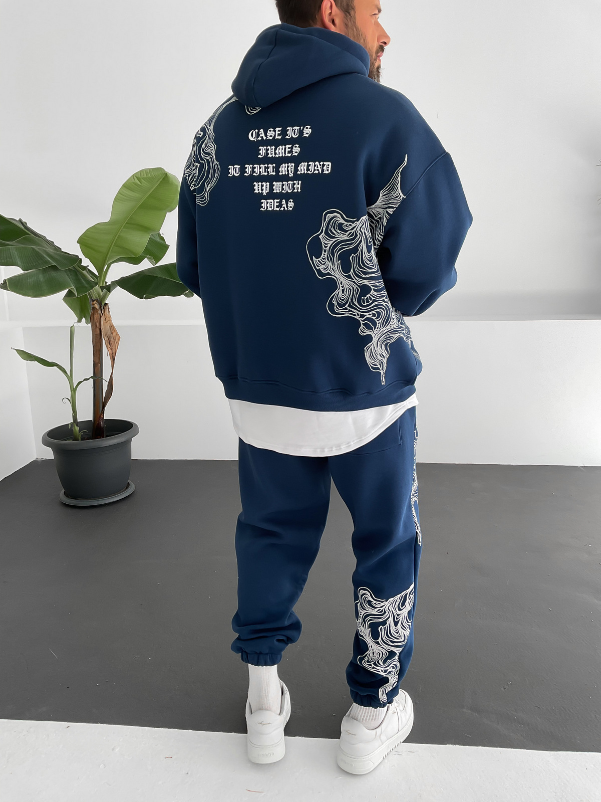 Lacivert Wave Baskılı Kapüşonlu Sweat V-10009