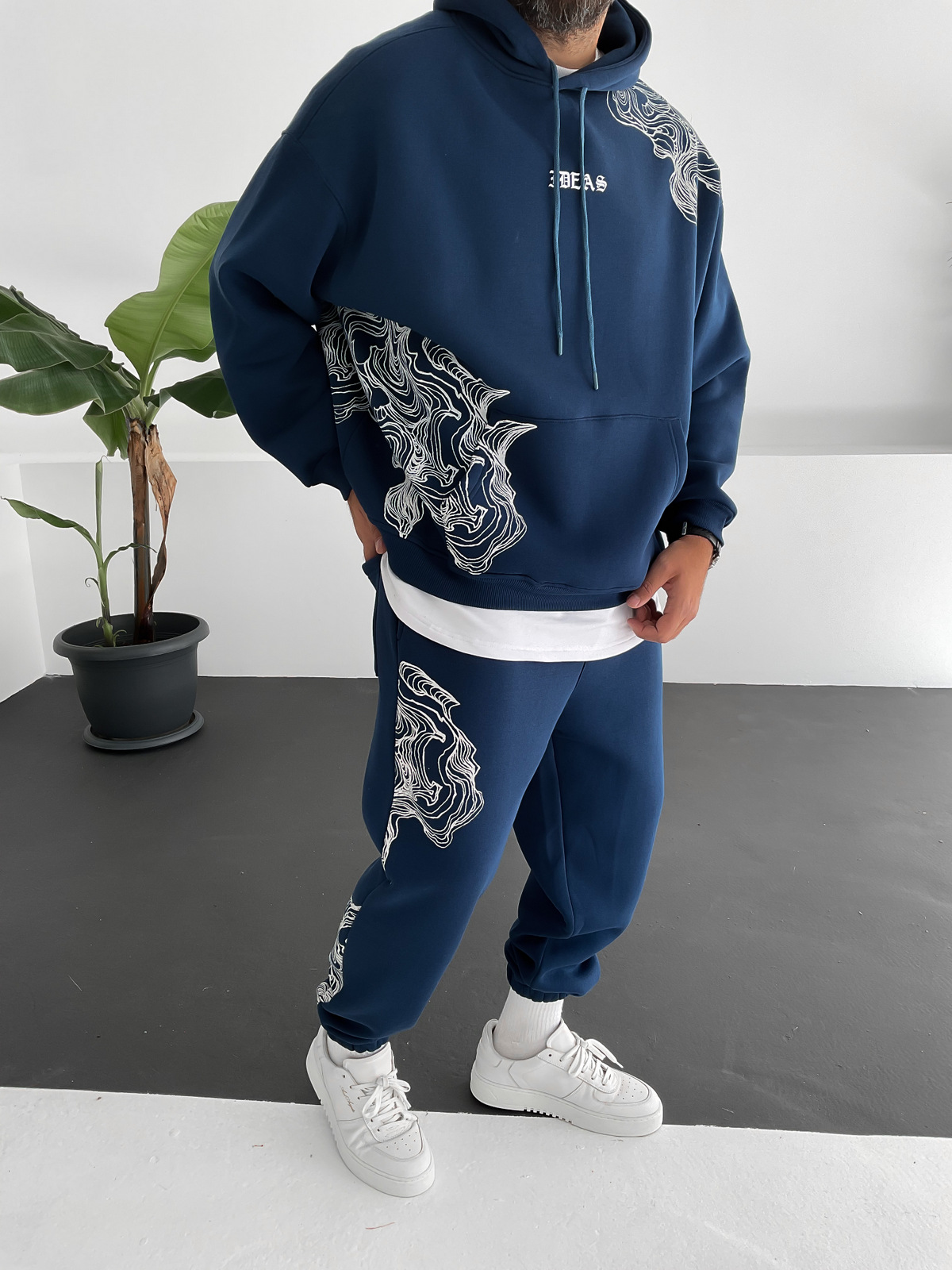 Lacivert Wave Baskılı Kapüşonlu Sweat V-10009