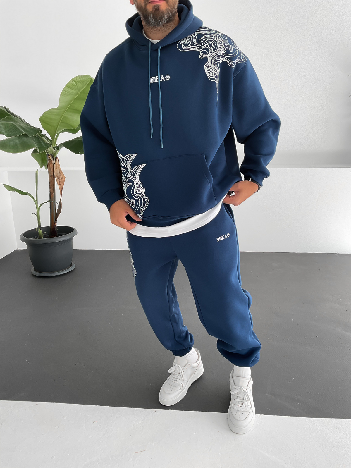 Lacivert Wave Baskılı Kapüşonlu Sweat V-10009