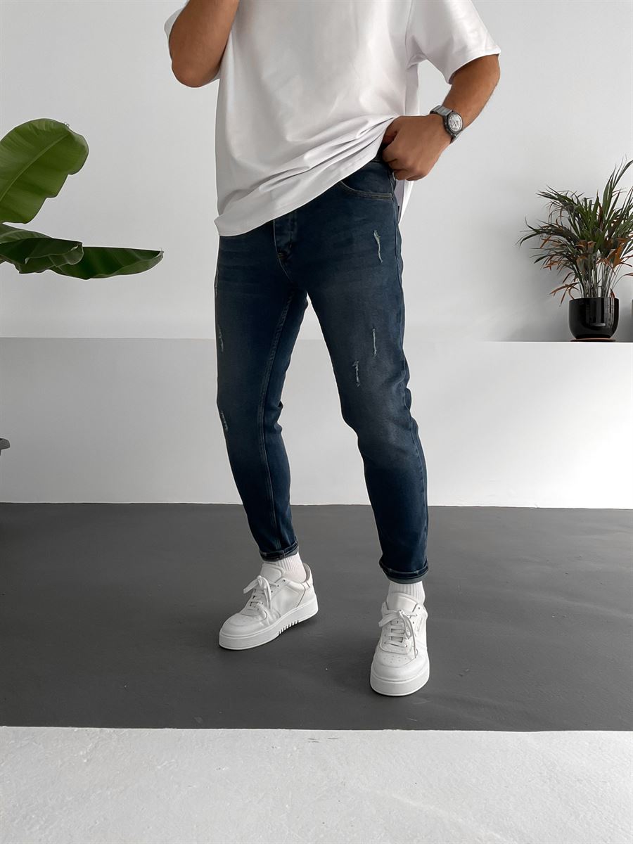 Lacivert Çizgi Yırtıklı Slim Pantolon WE-1321