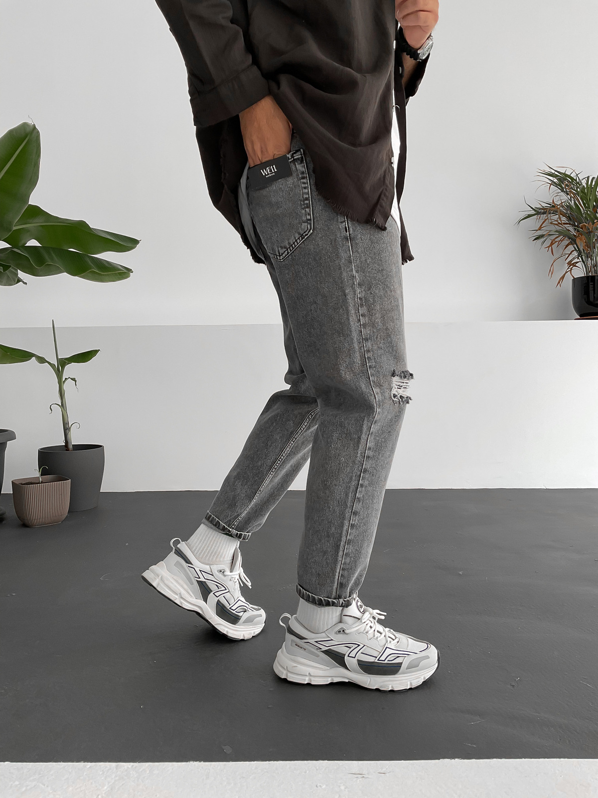 Gri Çift Yırtıklı Boyfriend WE-1390