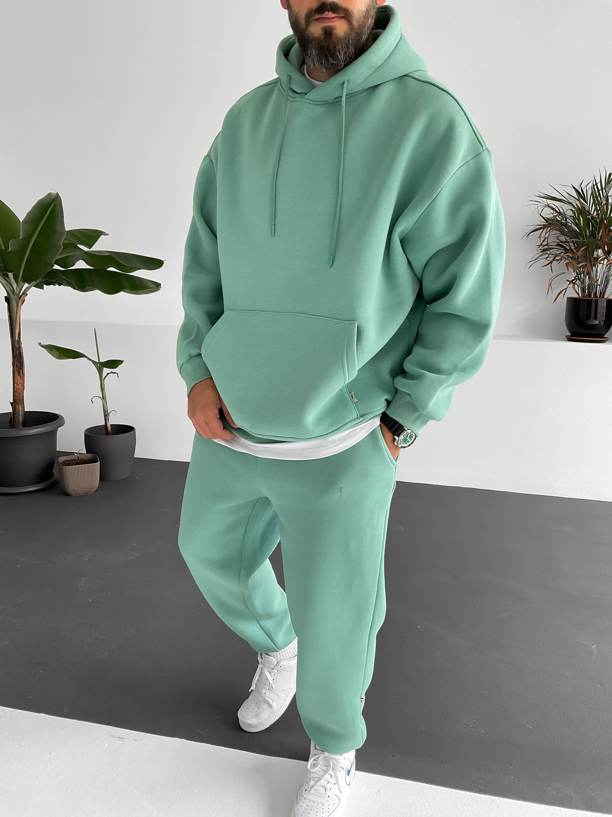 Yeşil Oversize Kapüşonlu Sweat V-10365