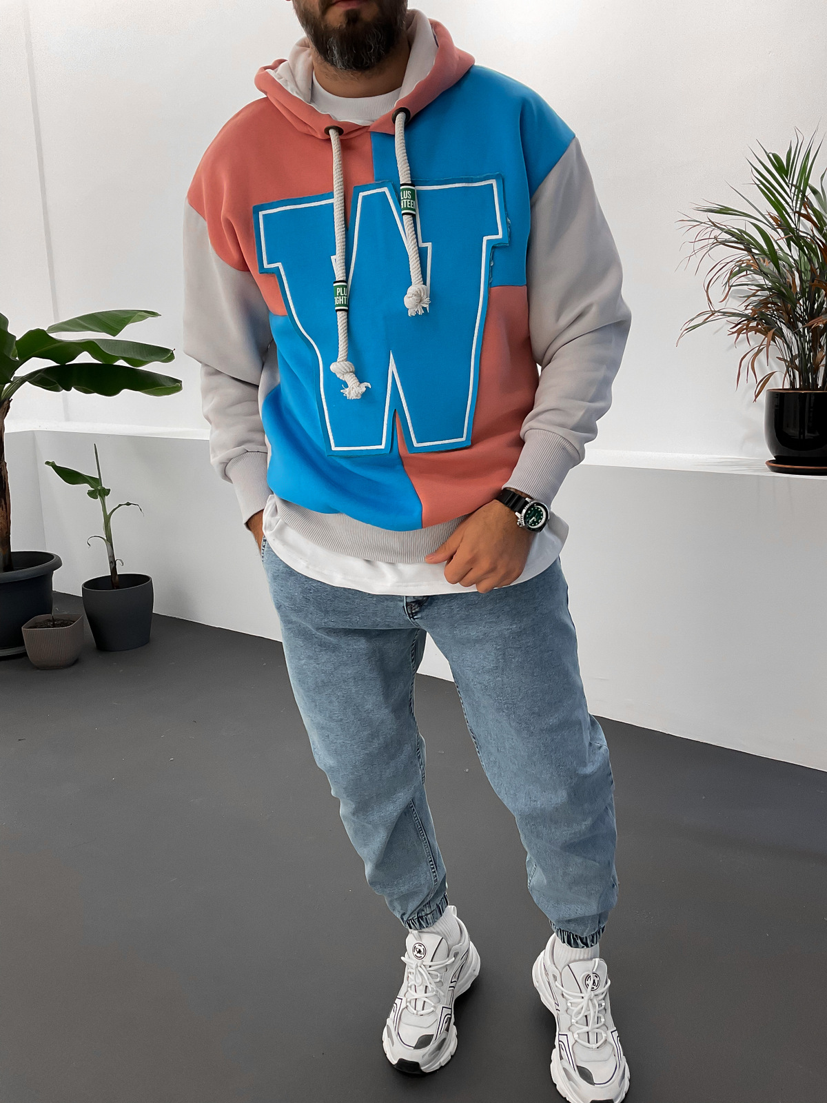 Mavi W Parçalı Kapüşonlu Sweat ET-