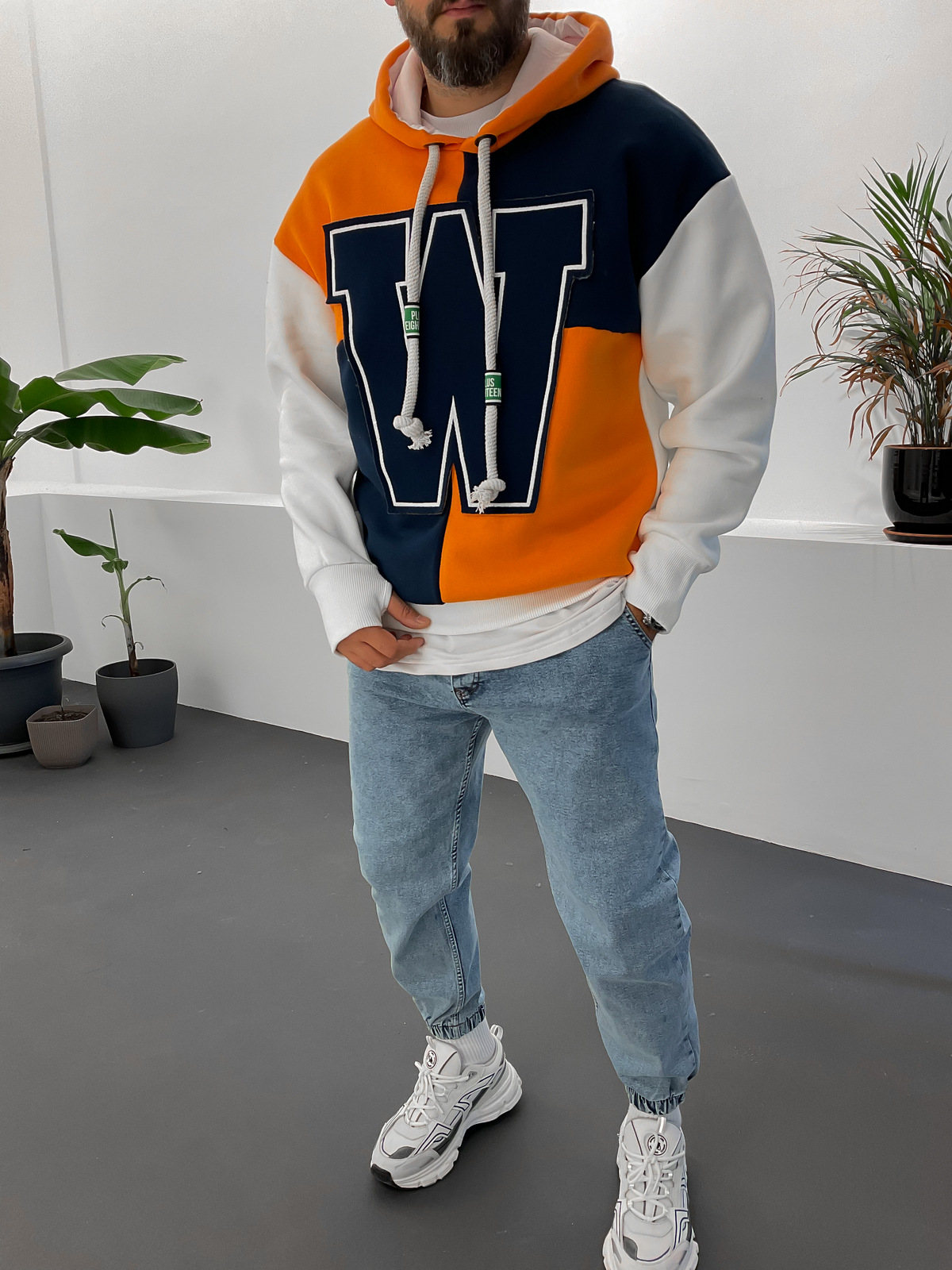 Lacivert W Parçalı Kapüşonlu Sweat ET-