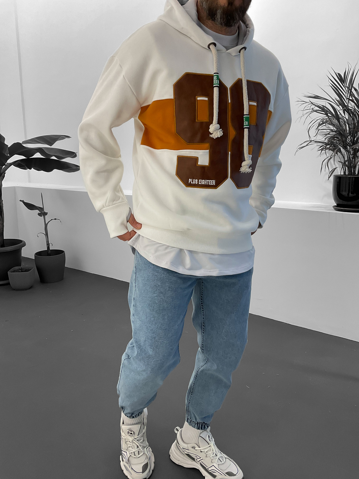 Beyaz 98 Kabartmalı Kapüşonlu Sweat ET-
