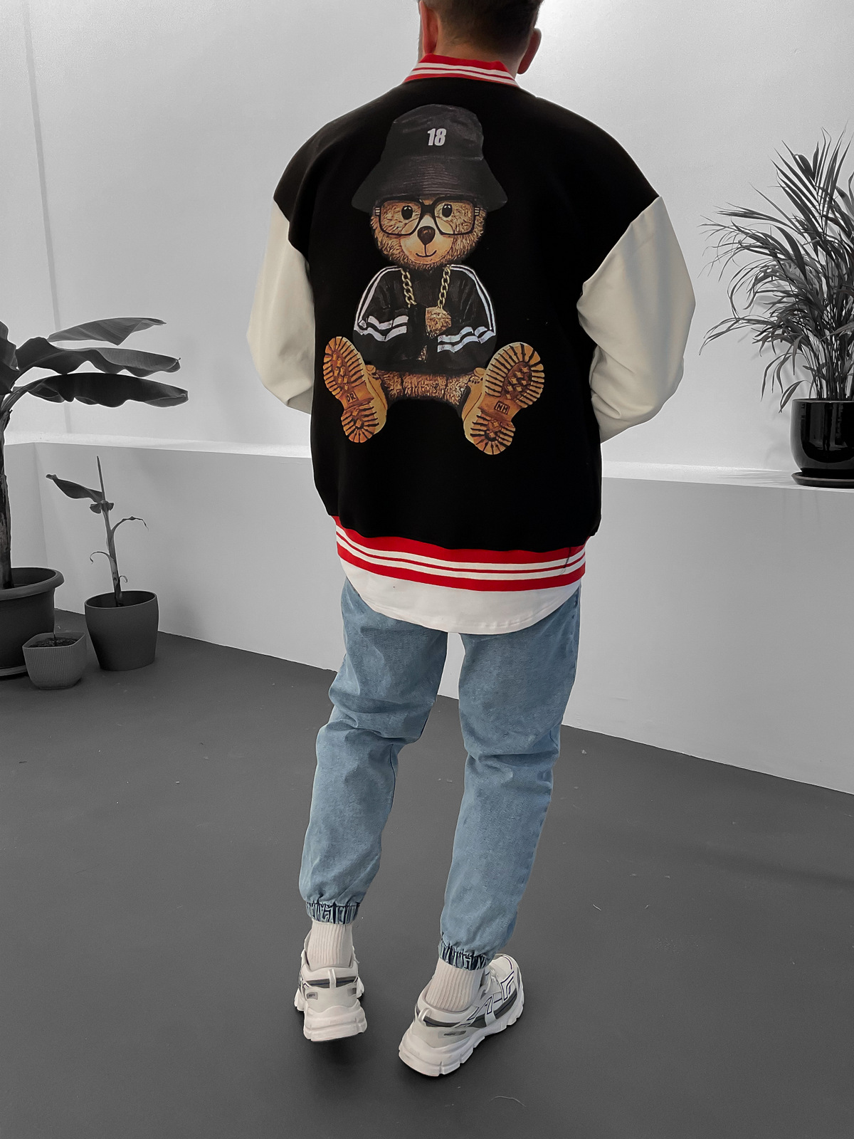 Siyah Cool Bear Baskılı Kolej Ceket ET-
