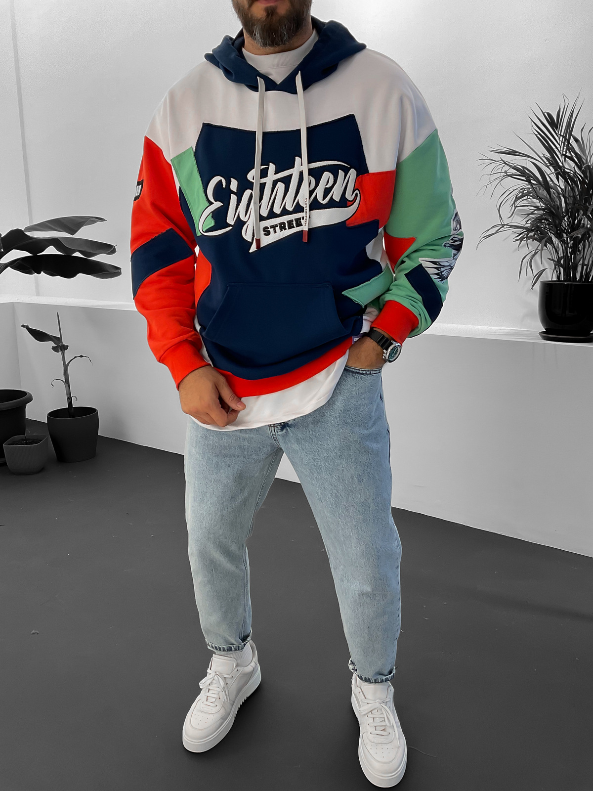 Lacivert Street Nakışlı Kapüşonlu Sweat ET-