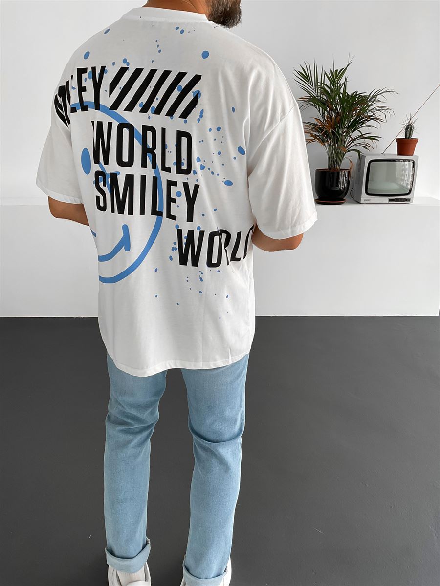 Beyaz Smiley Baskılı T-Shirt JJ-