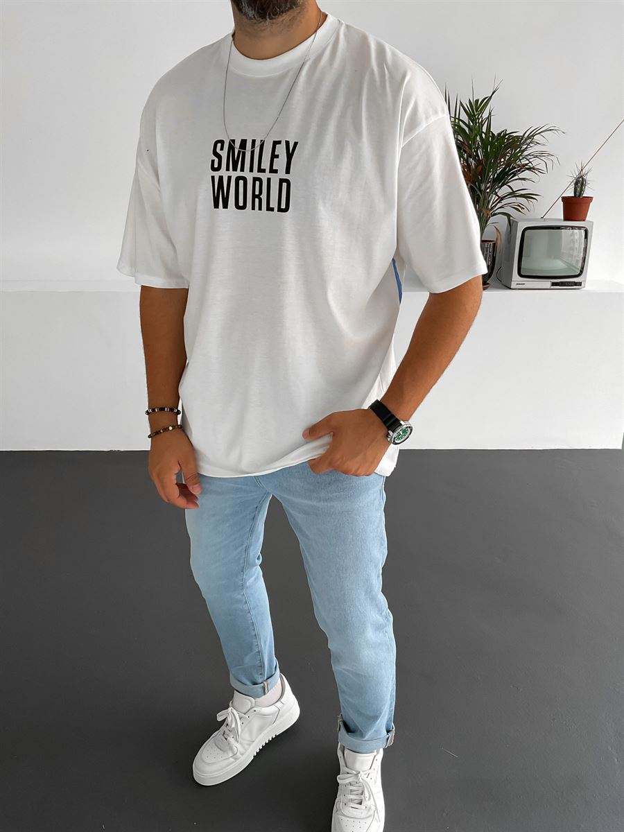 Beyaz Smiley Baskılı T-Shirt JJ-