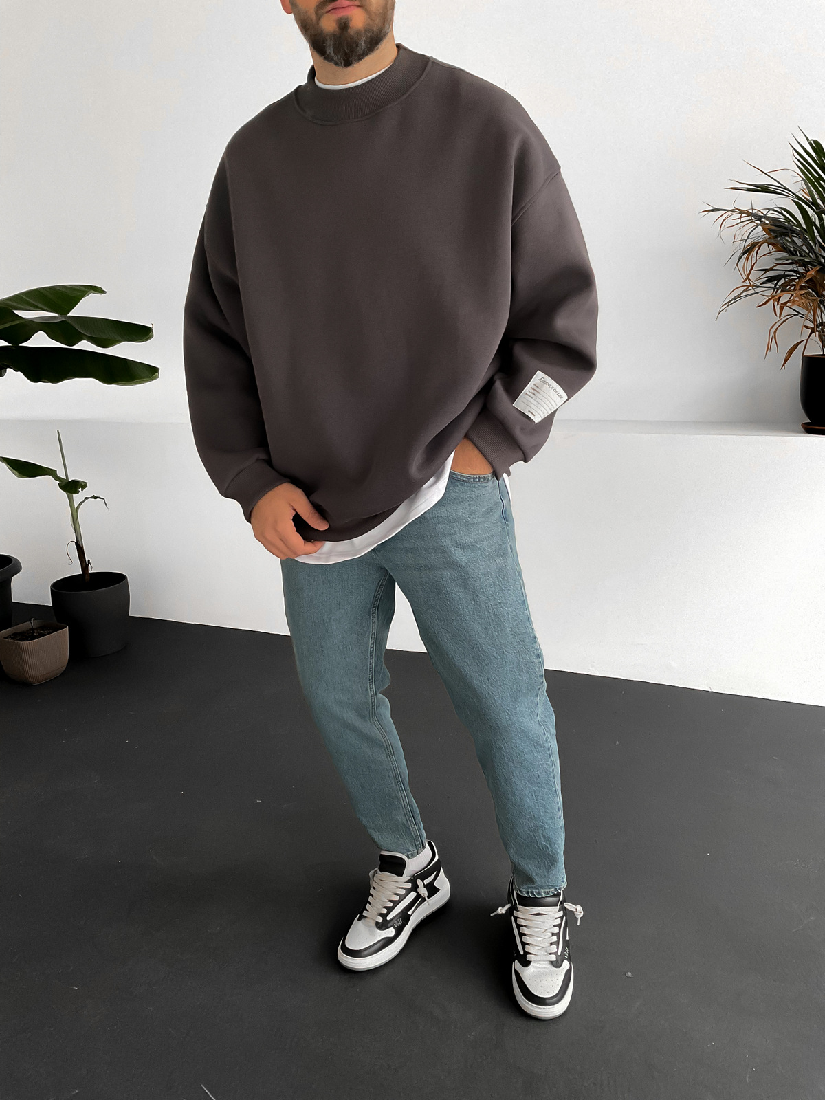 Füme Geniş Yaka Basic Sweat V-10230