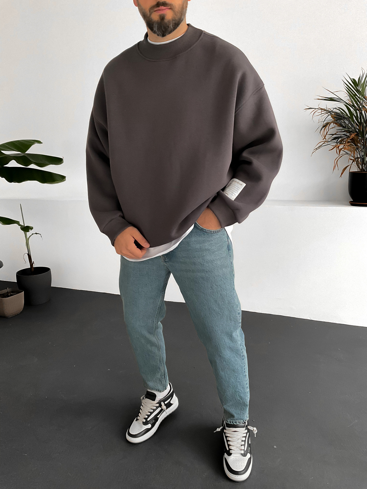 Füme Geniş Yaka Basic Sweat V-10230