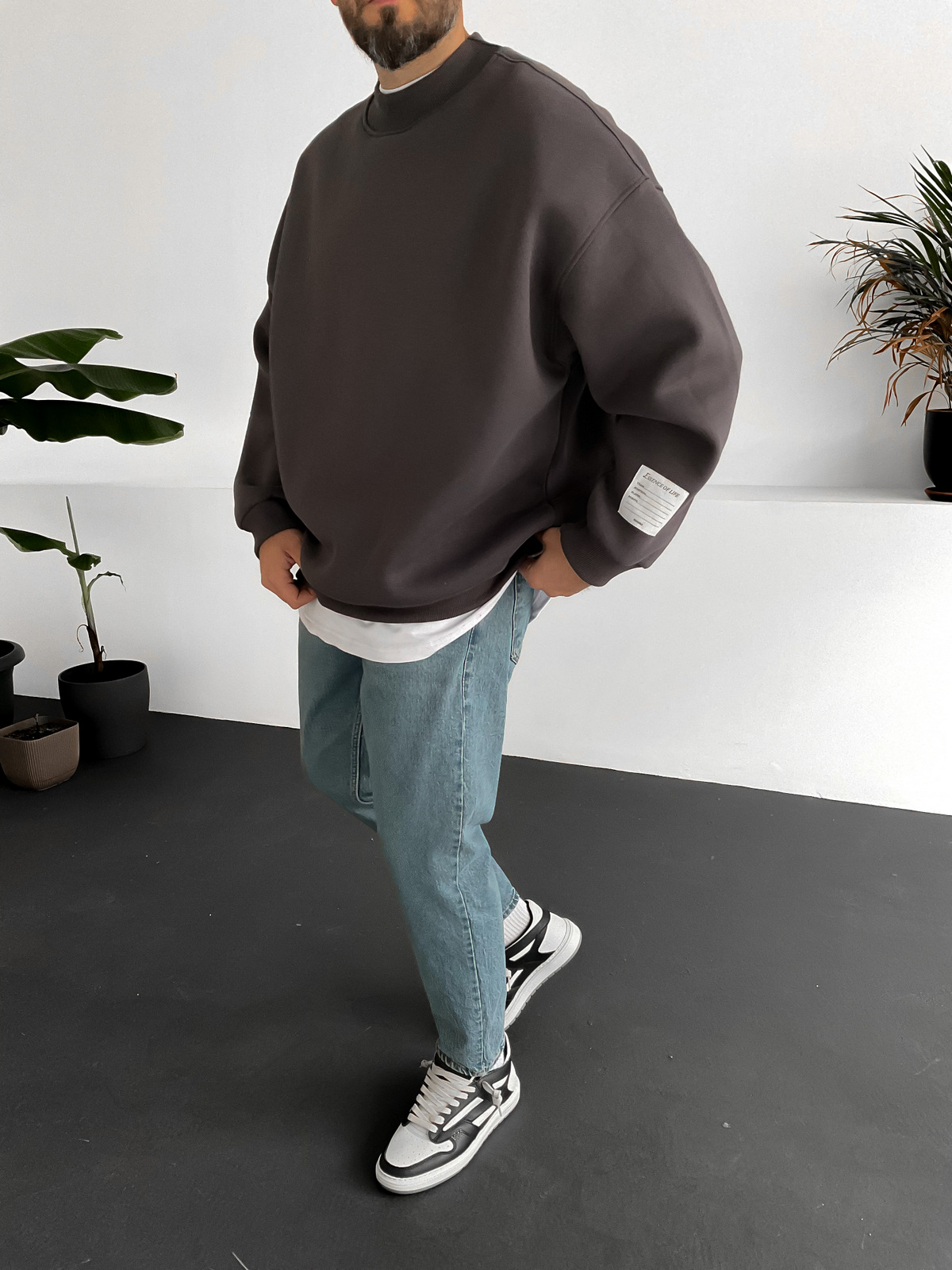 Füme Geniş Yaka Basic Sweat V-10230