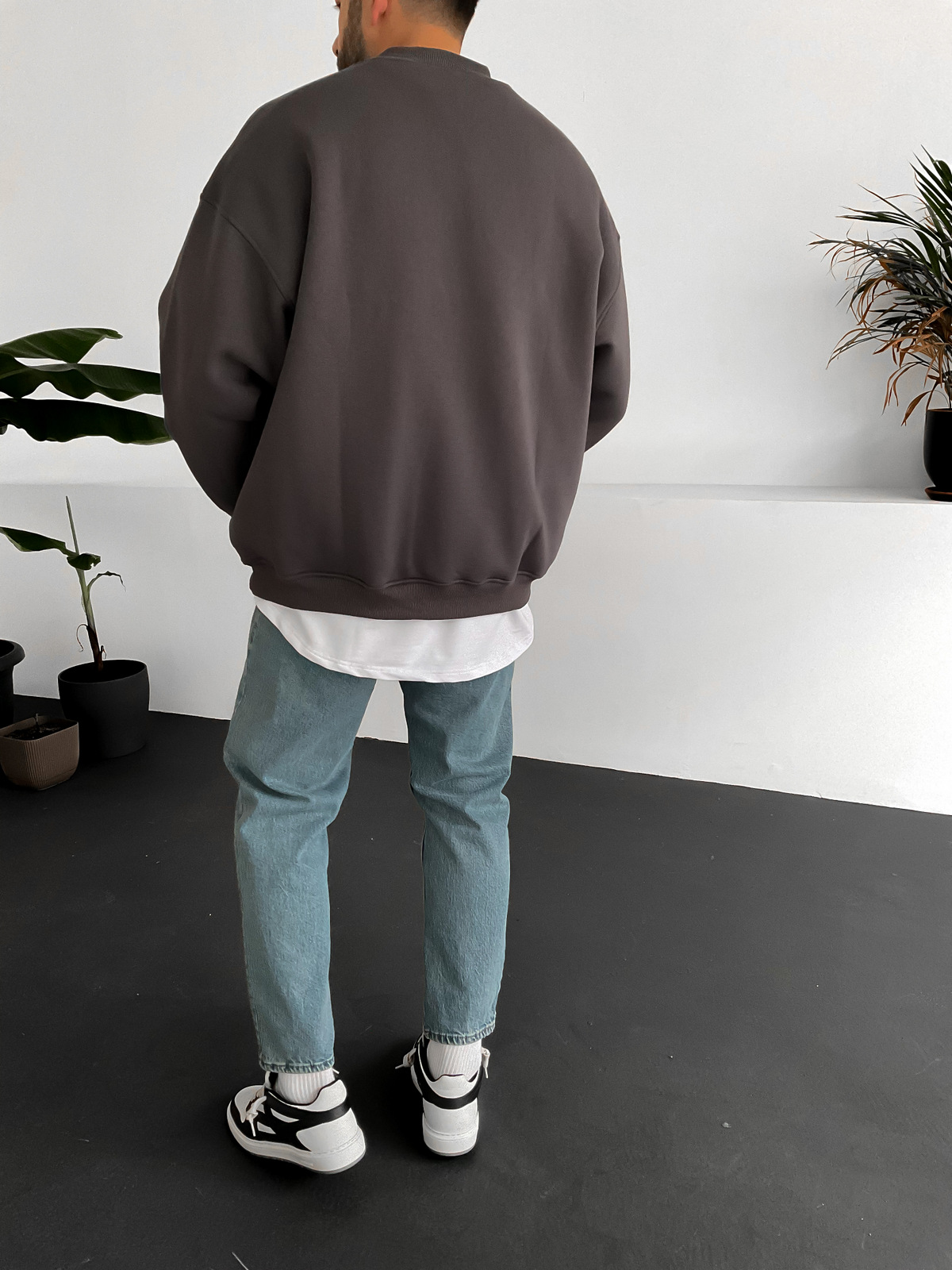 Füme Geniş Yaka Basic Sweat V-10230