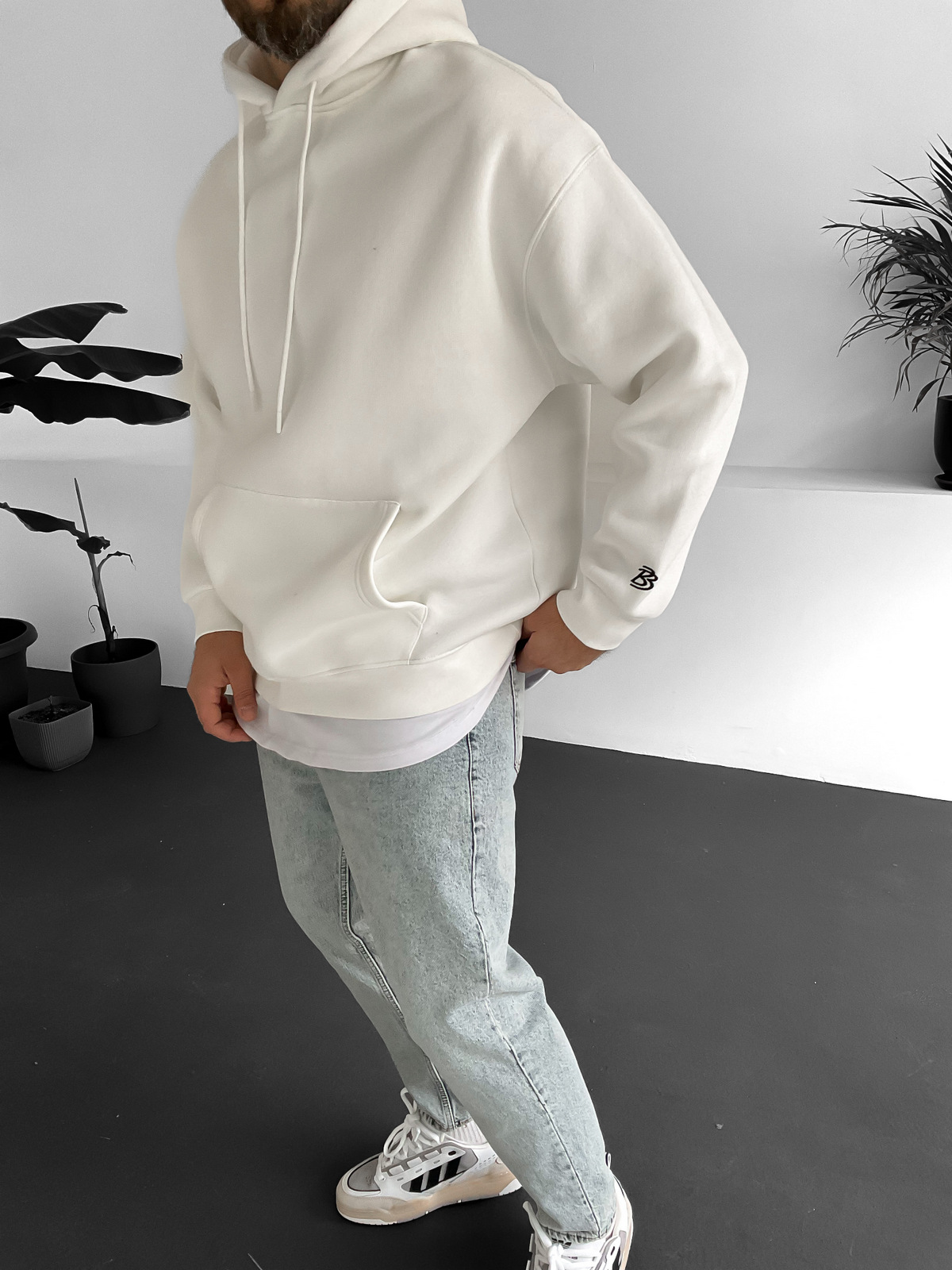 Beyaz Bybasicman Basic Kapüşonlu Sweat BY-1266