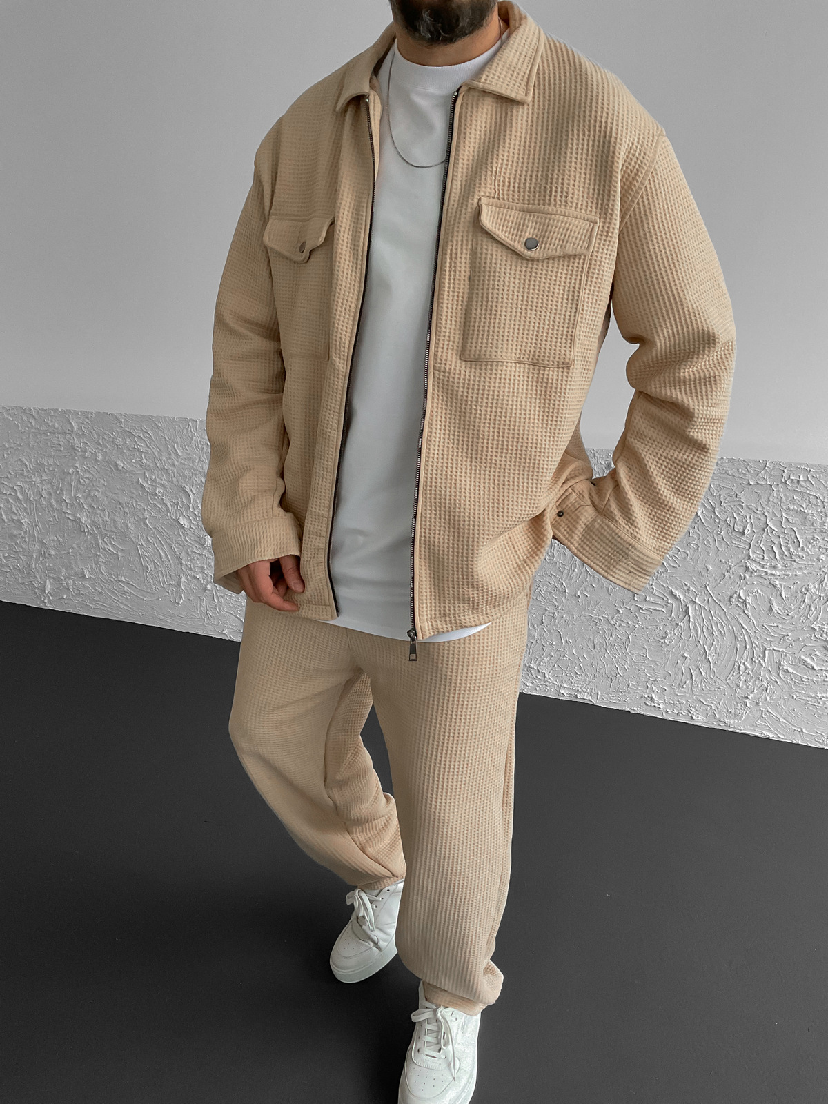 Bej Waffle Çift Cepli Ceket V-10350