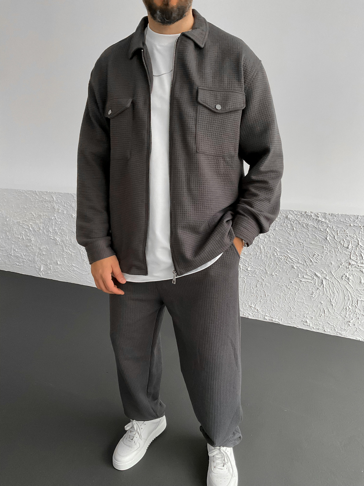 Füme Waffle Çift Cepli Ceket V-10350