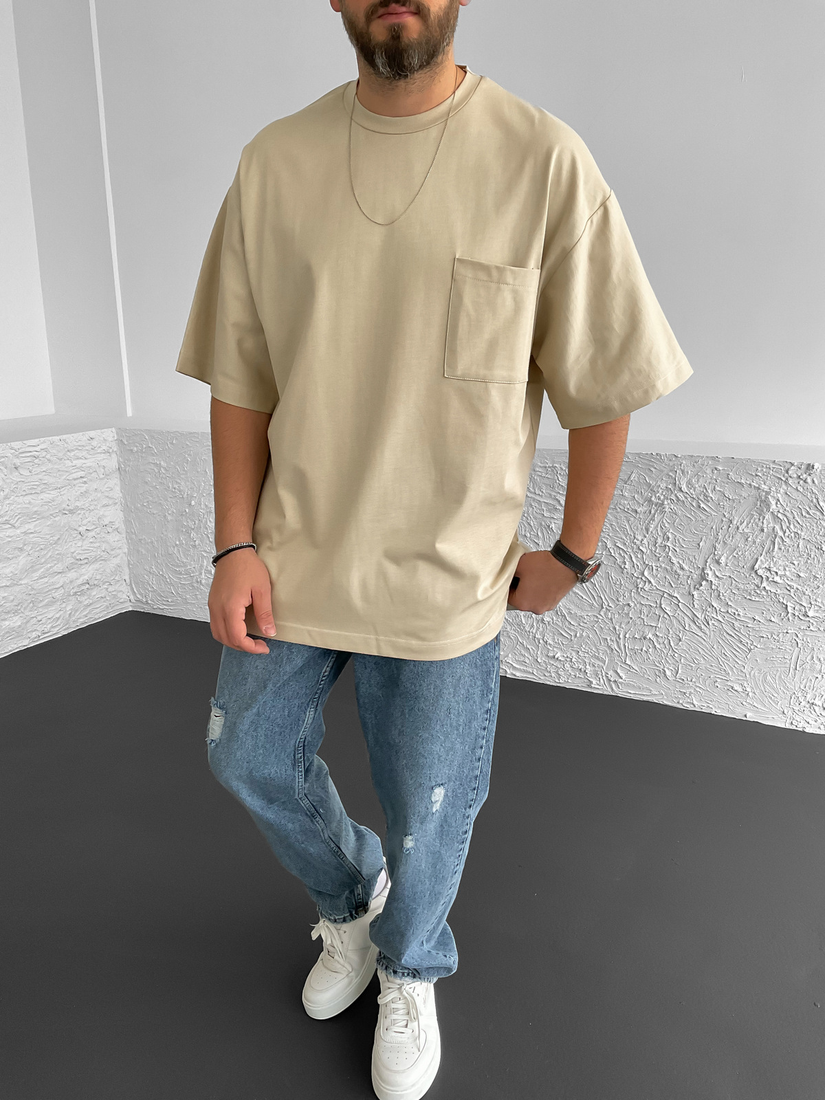 Bej Cepli Oversize T-Shirt BS-015