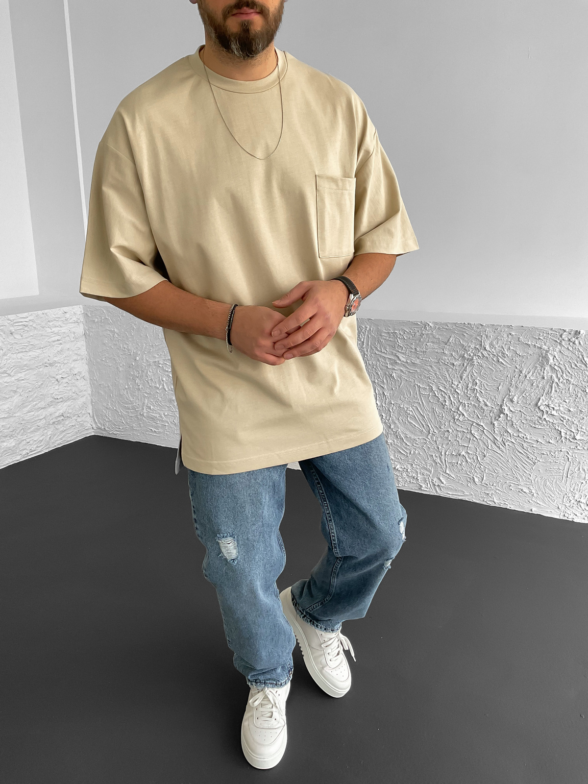 Bej Cepli Oversize T-Shirt BS-015