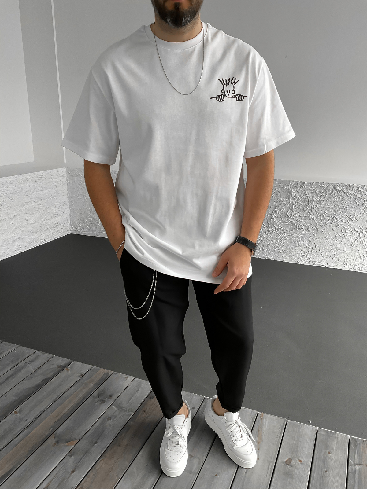 Beyaz Zone Baskılı Oversize T-Shirt C-912