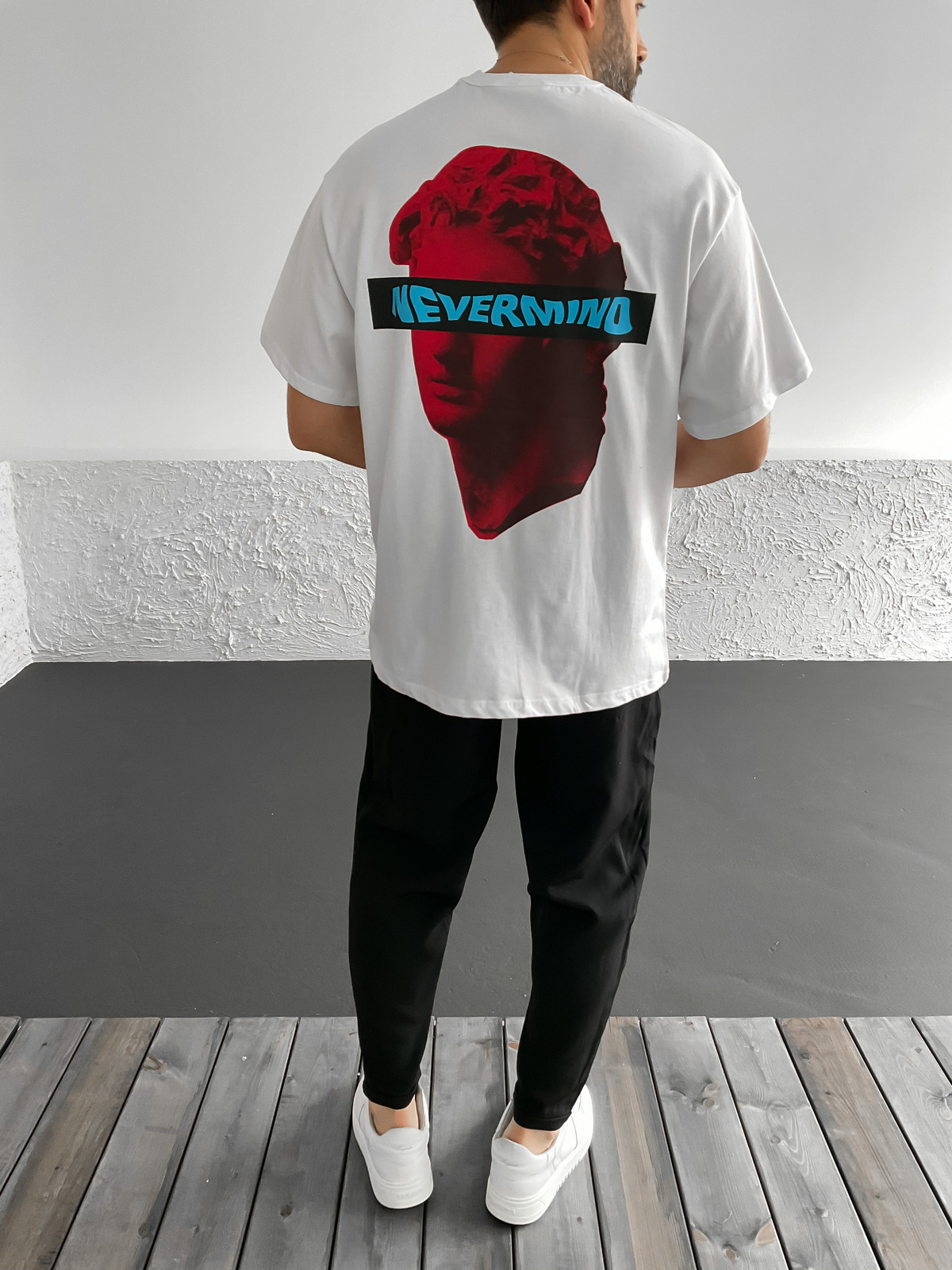 Beyaz Nevermind Baskılı Oversize T-Shirt C-987