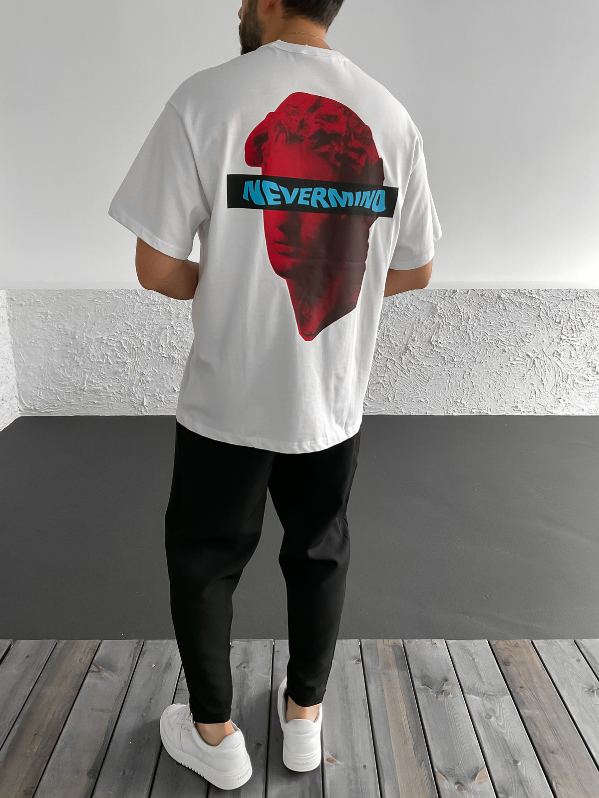 Beyaz Nevermind Baskılı Oversize T-Shirt C-987