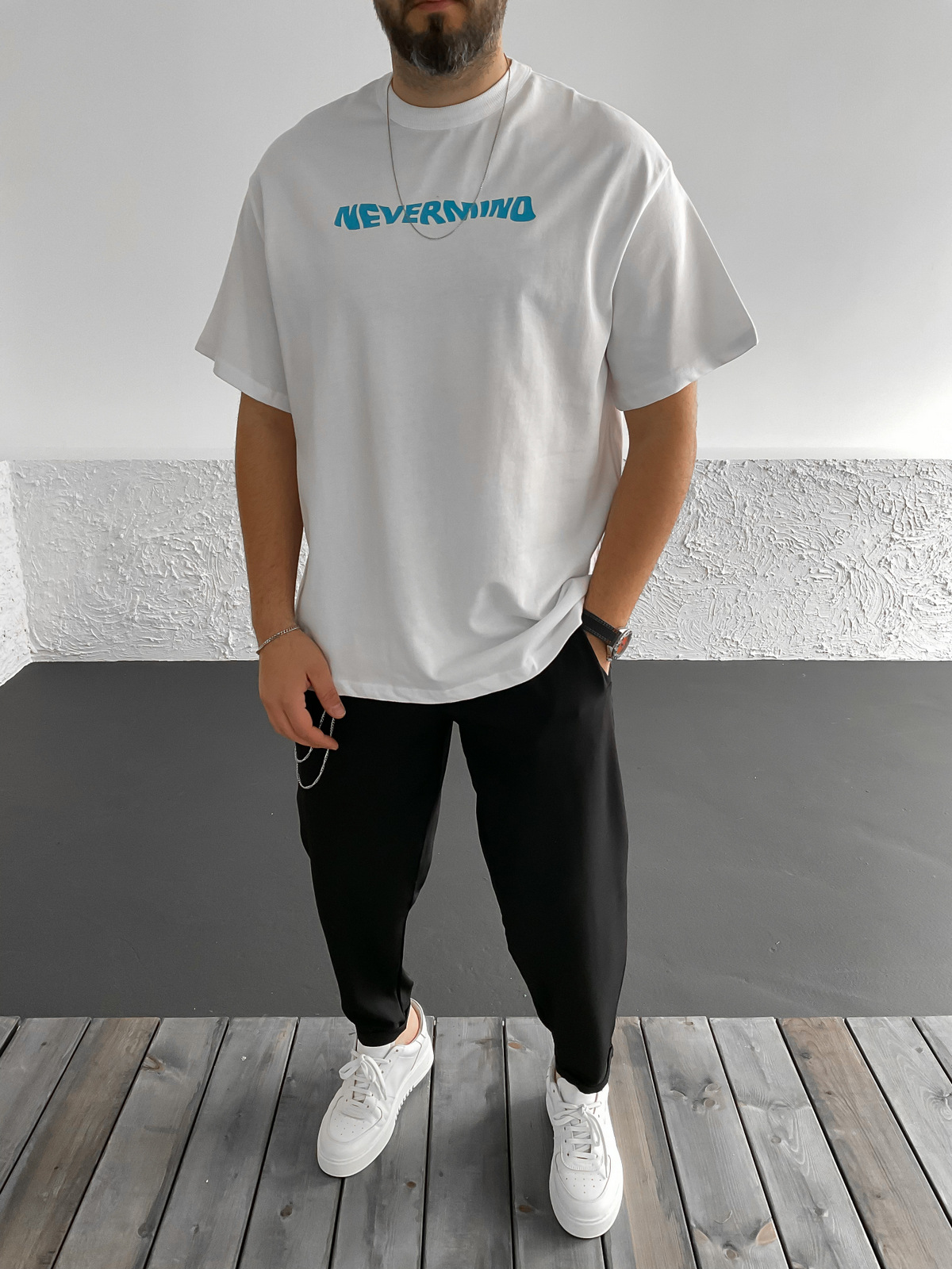 Beyaz Nevermind Baskılı Oversize T-Shirt C-987