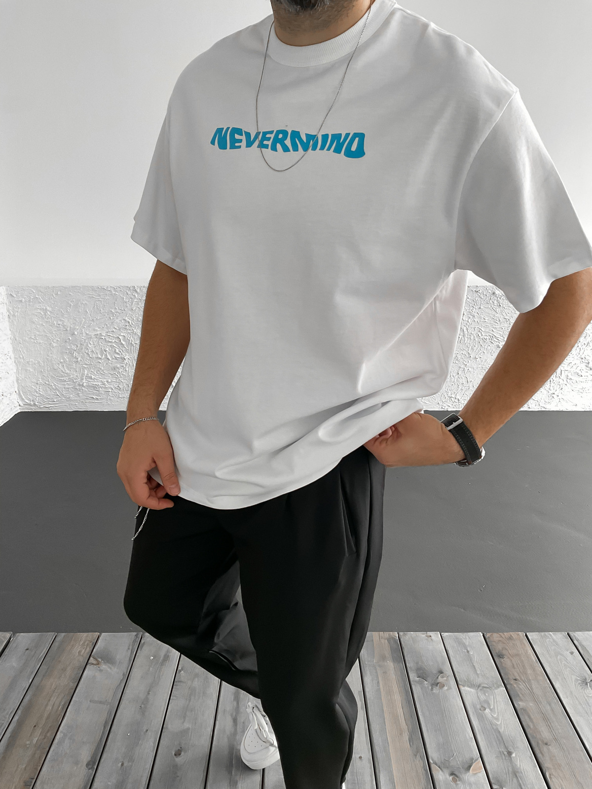 Beyaz Nevermind Baskılı Oversize T-Shirt C-987