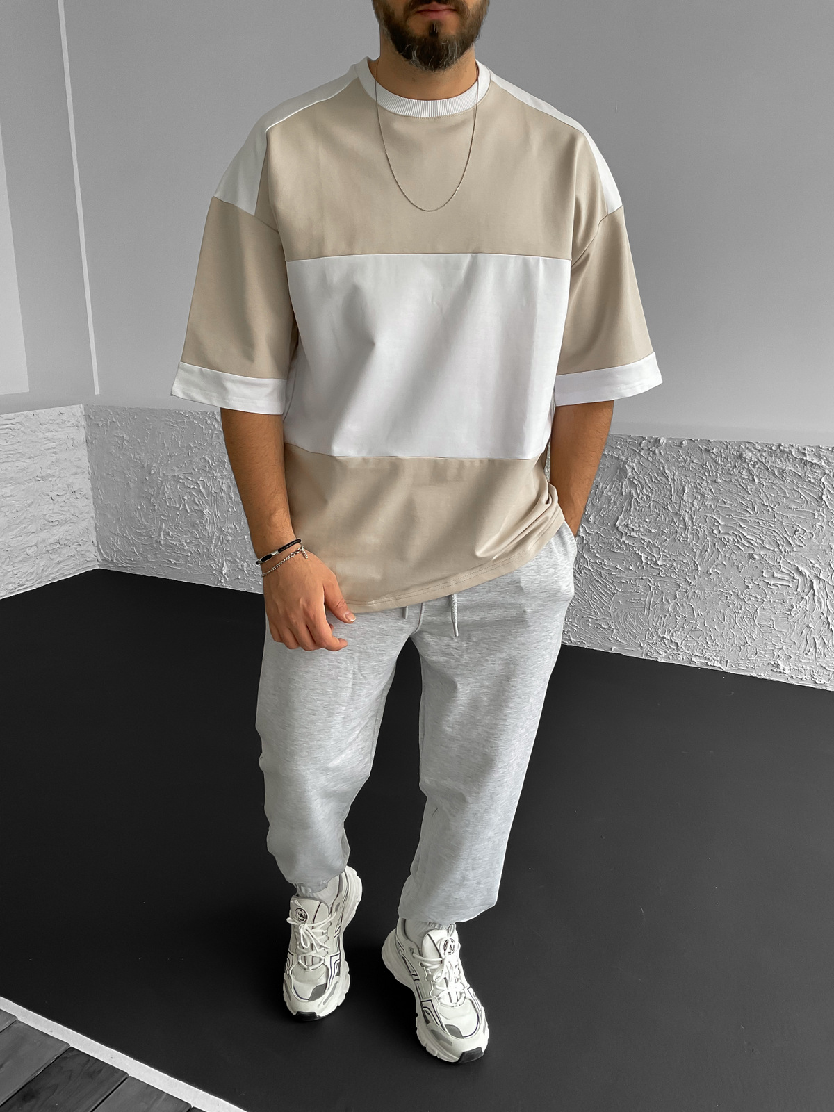 Bej Garnili Oversize T-Shirt B-1067