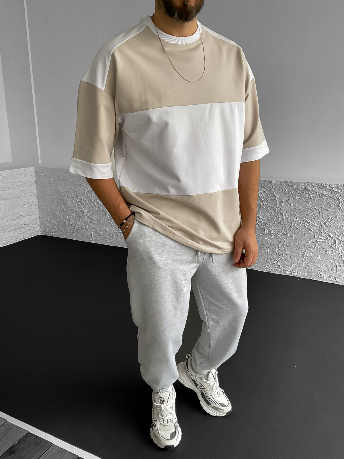 Bej Garnili Oversize T-Shirt B-1067