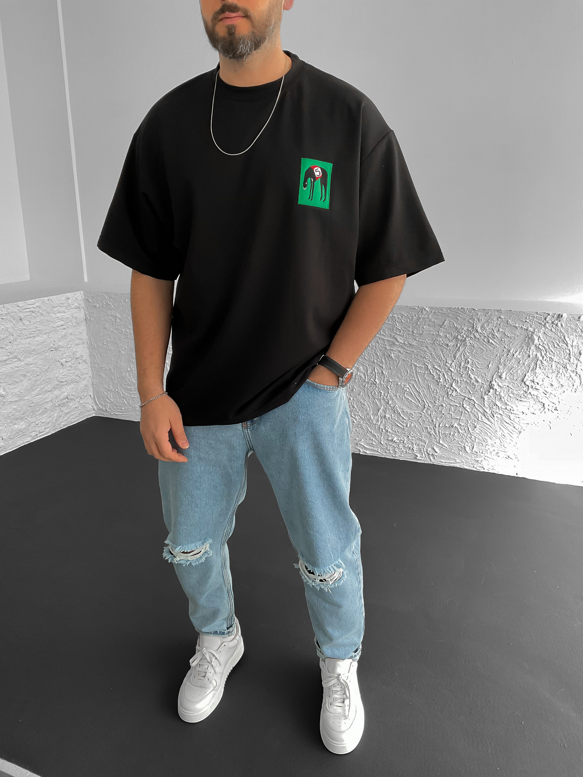 Siyah Patchli Oversize T-Shirt BS-018