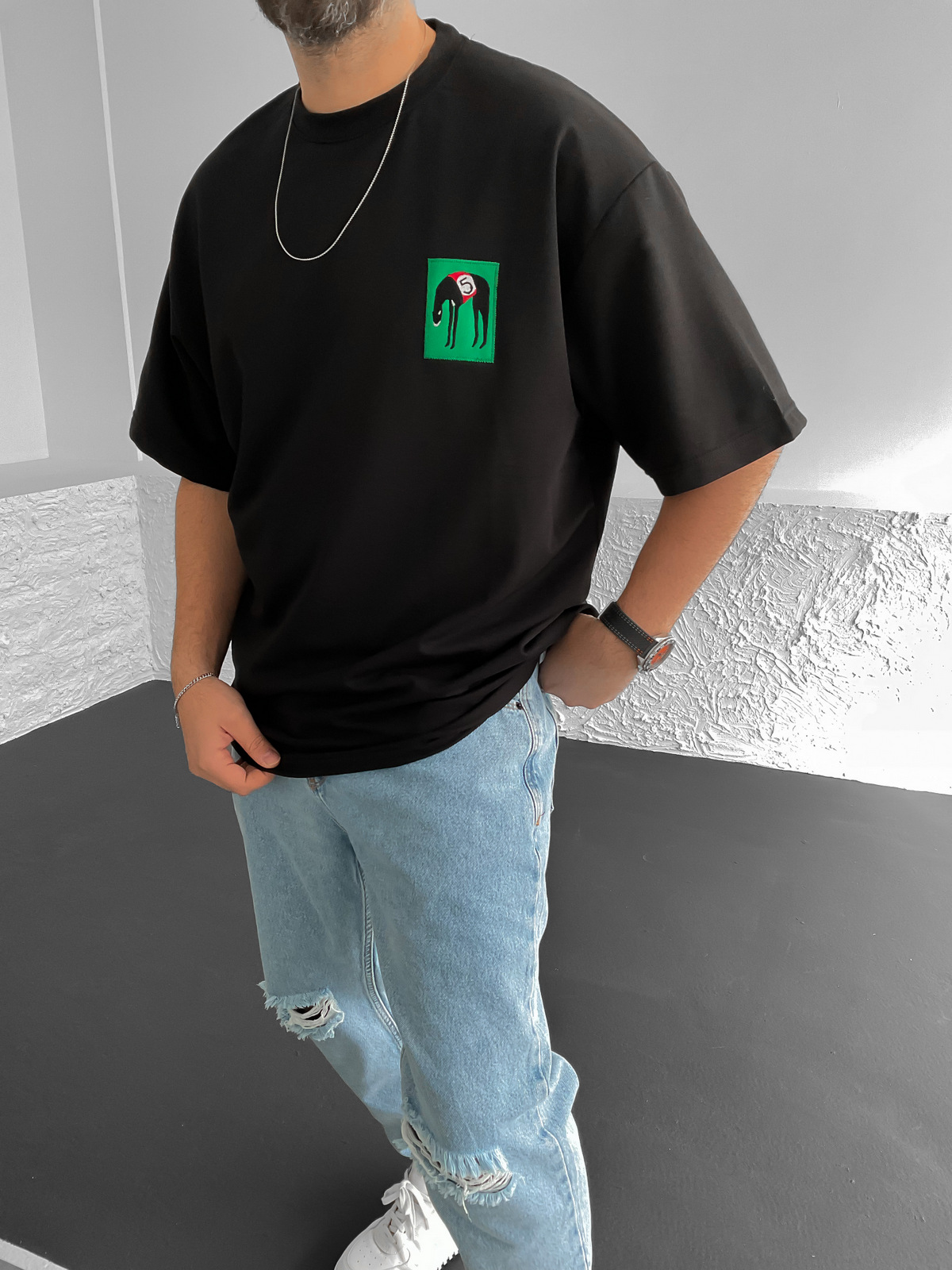 Siyah Patchli Oversize T-Shirt BS-018