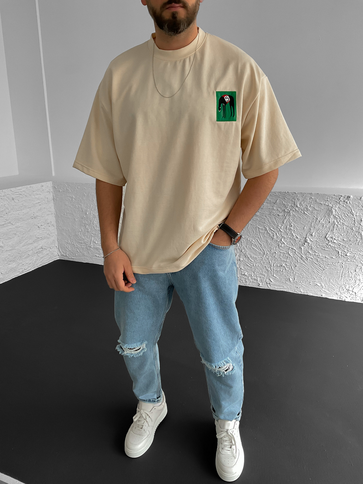 Krem Patchli Oversize T-Shirt BS-018