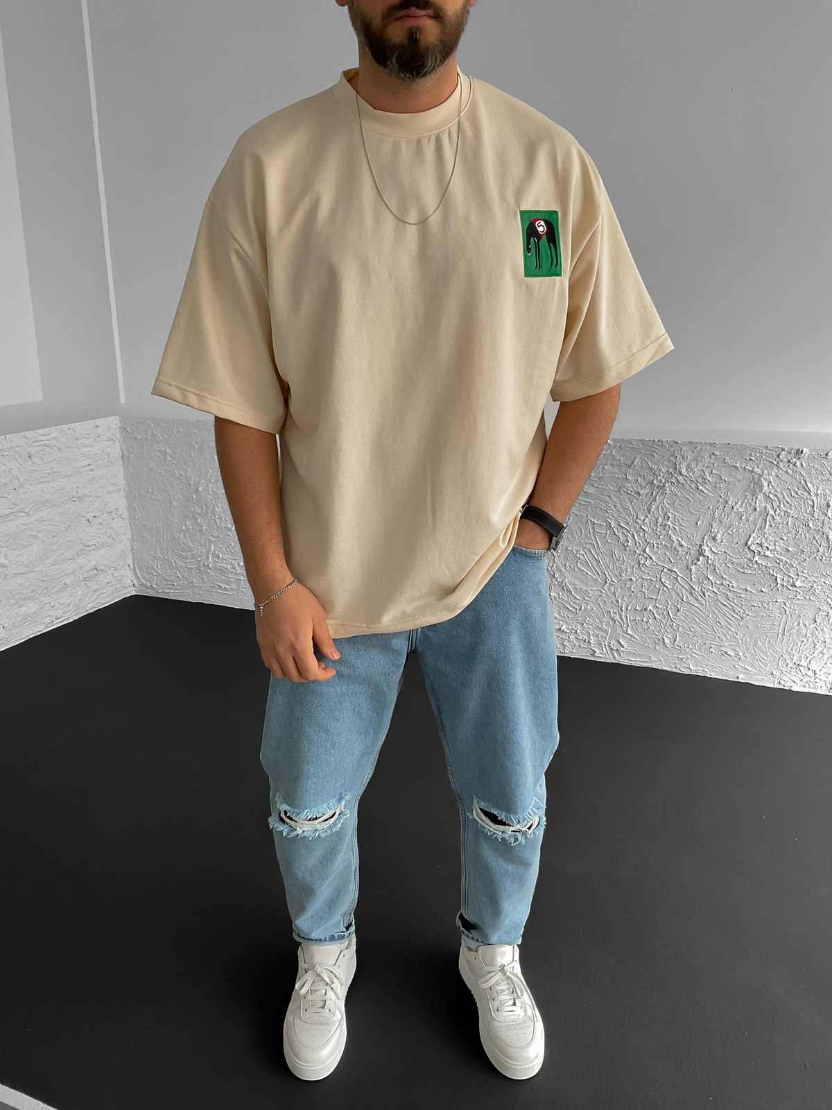 Krem Patchli Oversize T-Shirt BS-018