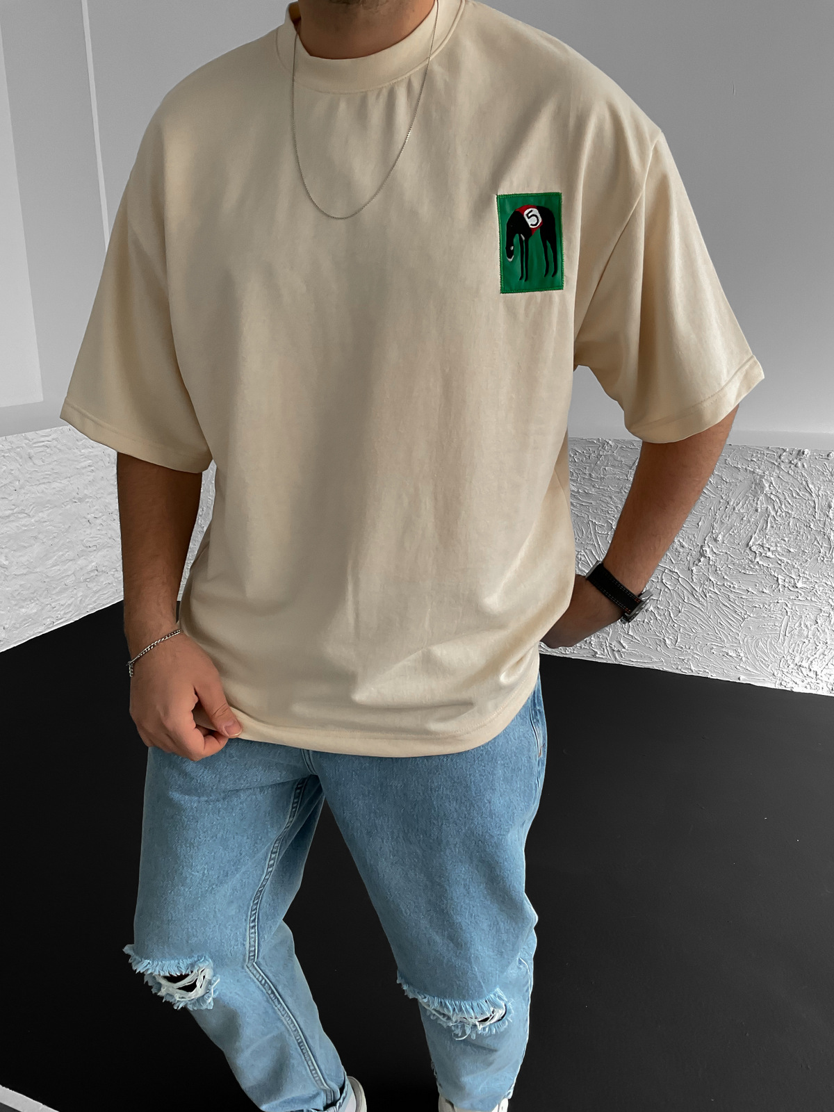 Krem Patchli Oversize T-Shirt BS-018