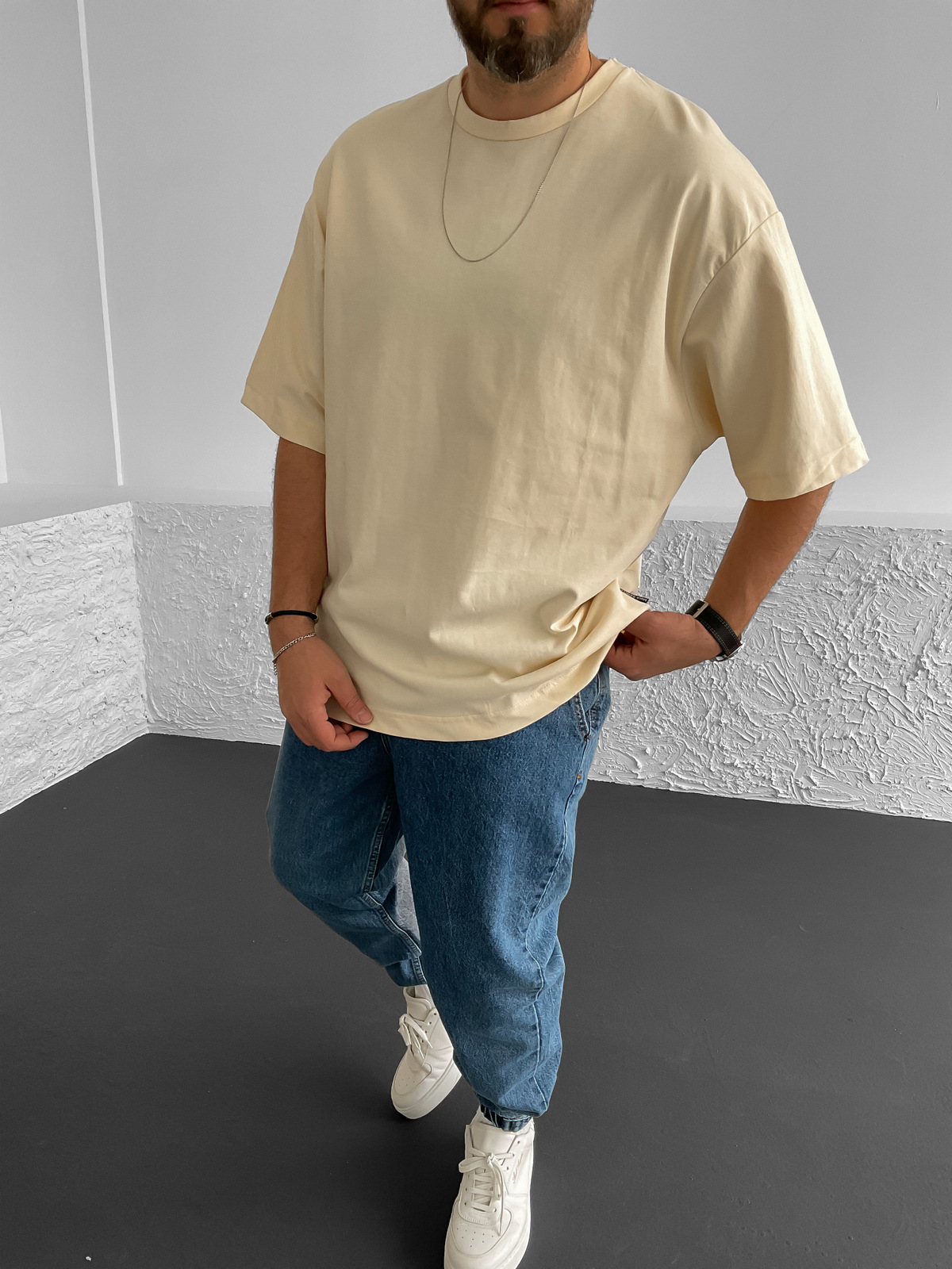Bej Kalın Basic Oversize T-Shirt BS-020