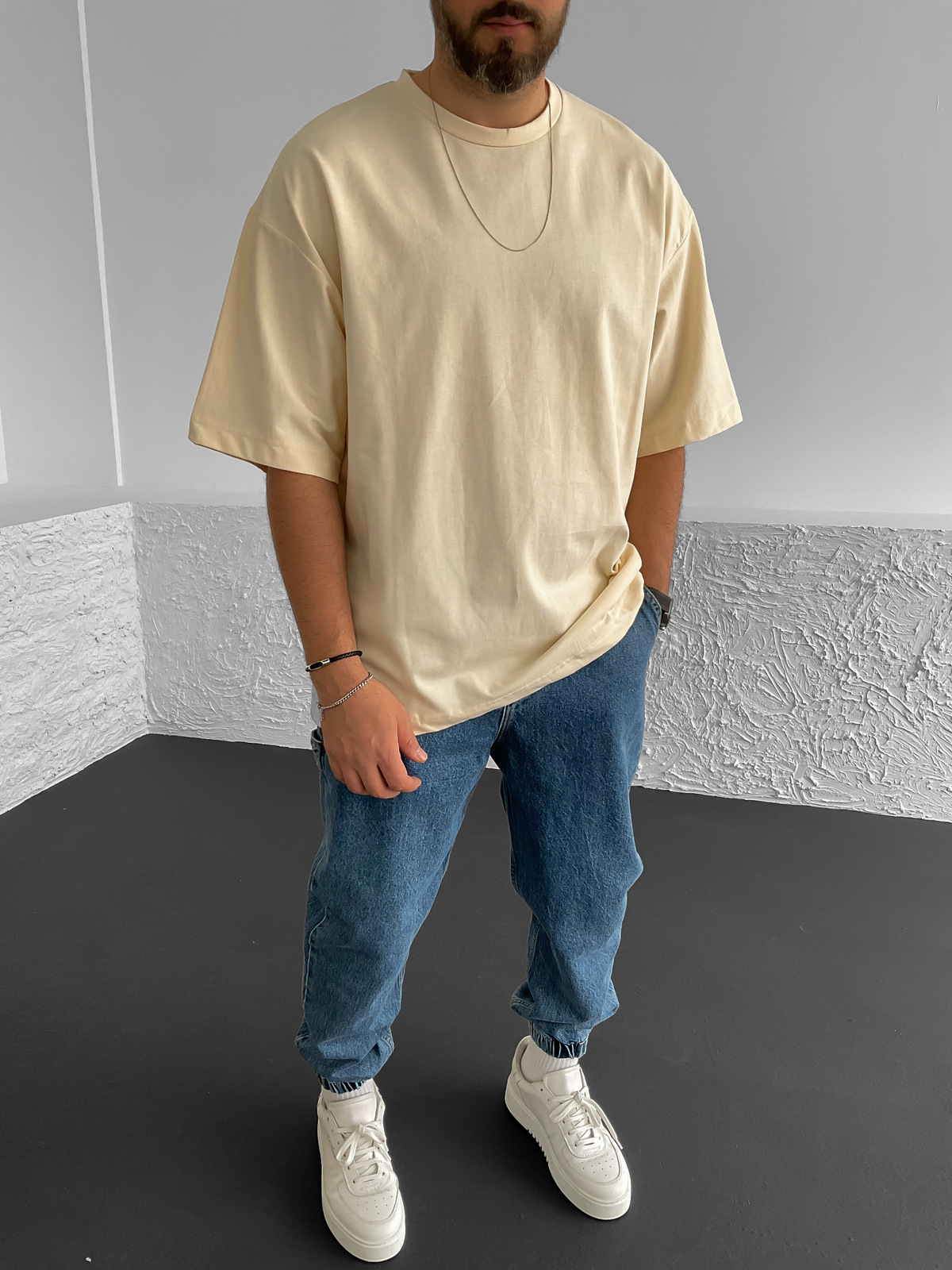 Bej Kalın Basic Oversize T-Shirt BS-020