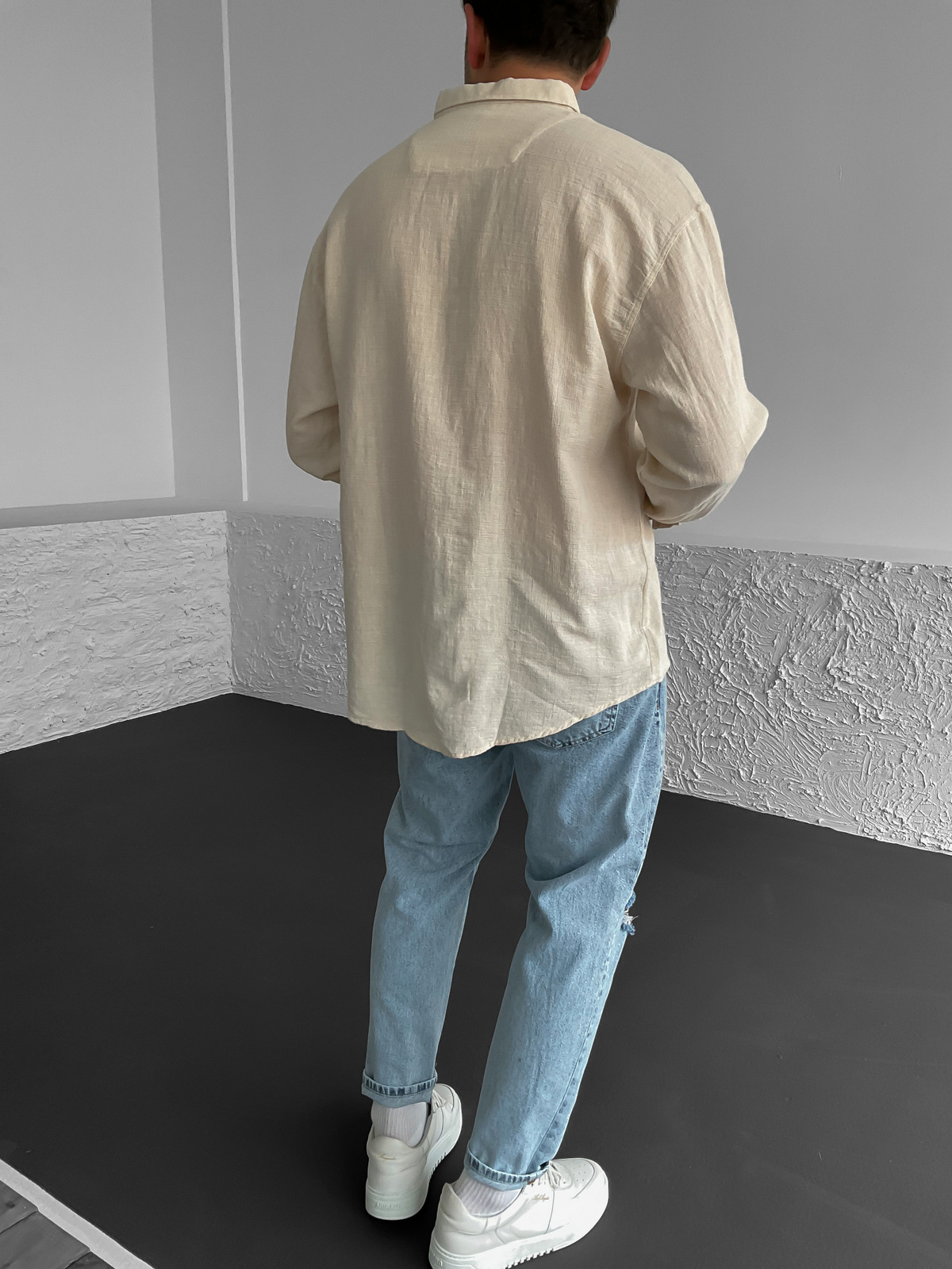 Bej Yaka Düğmeli Oversize Gömlek G-4863
