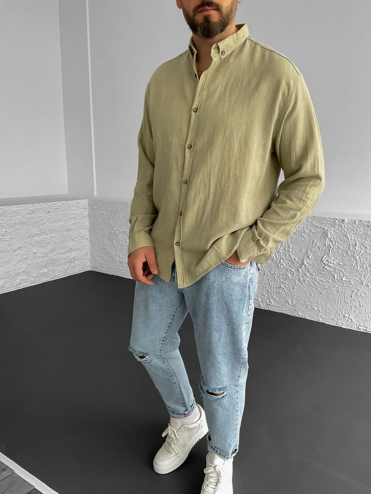 Haki Yaka Düğmeli Oversize Gömlek G-4863