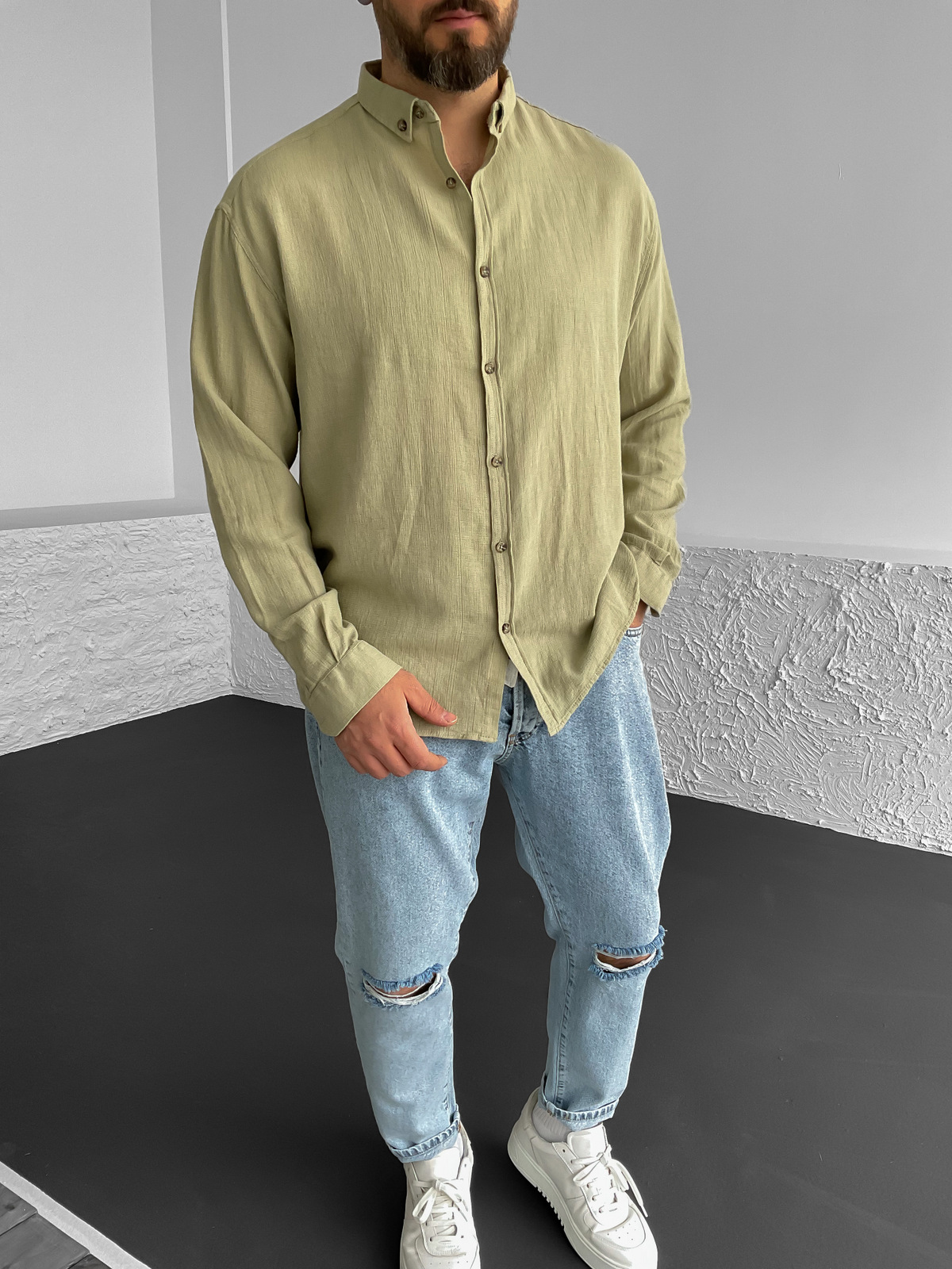 Haki Yaka Düğmeli Oversize Gömlek G-4863