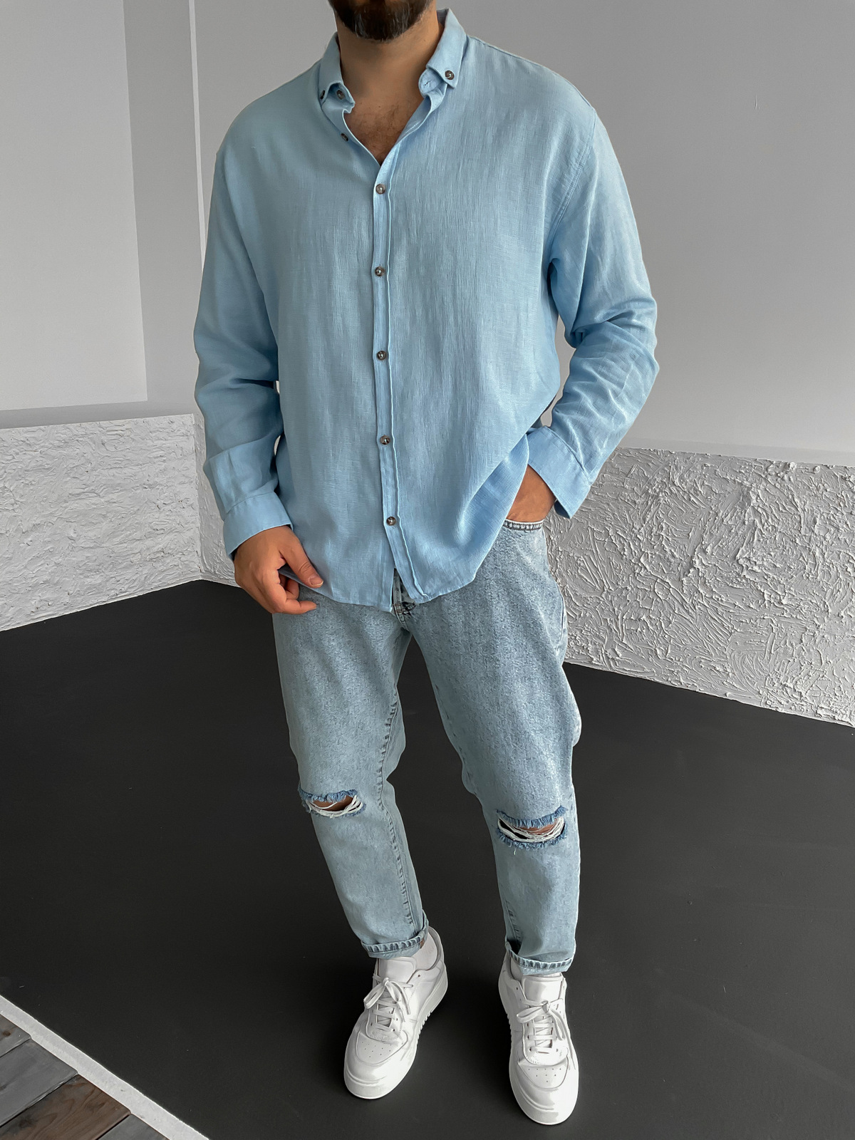 Mavi Yaka Düğmeli Oversize Gömlek G-4863