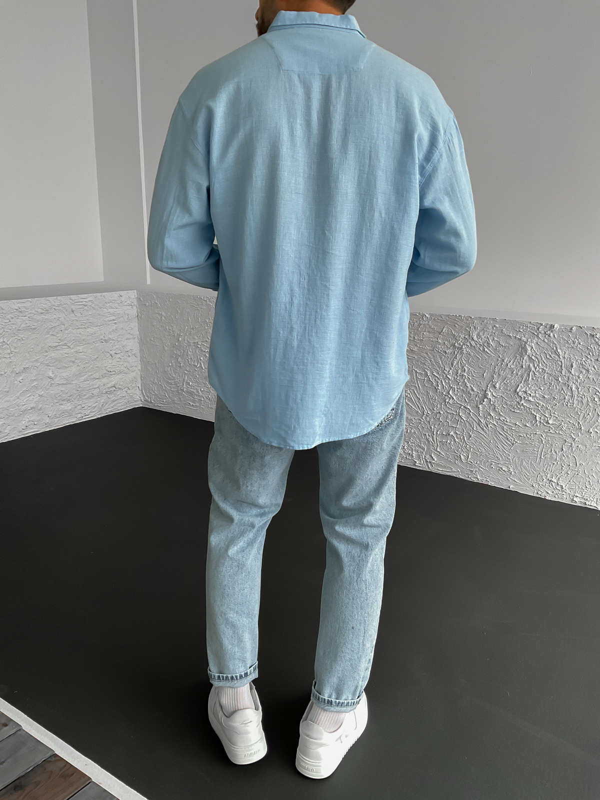Mavi Yaka Düğmeli Oversize Gömlek G-4863