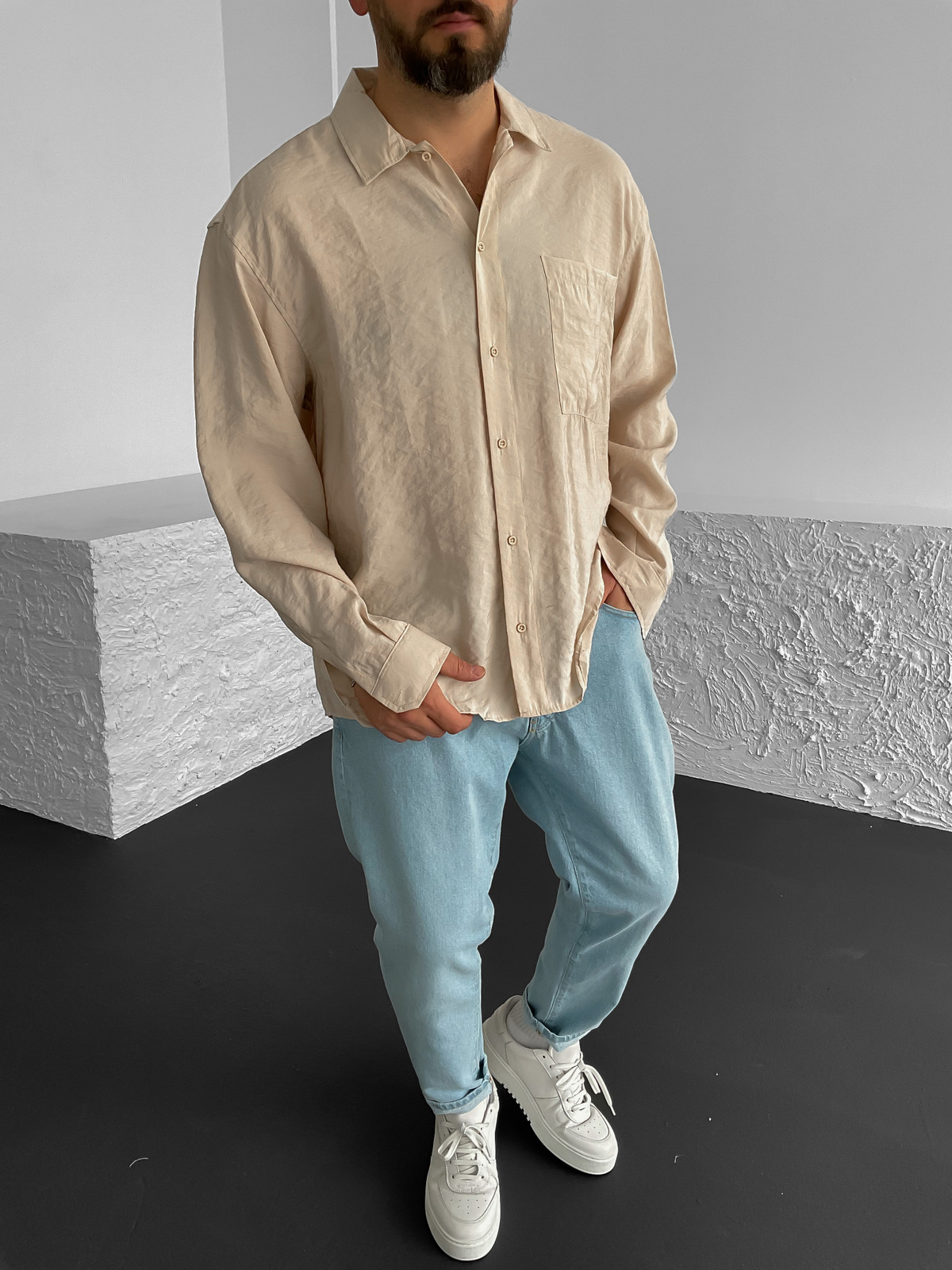Bej Uzun Kollu Oversize Gömlek G-5196
