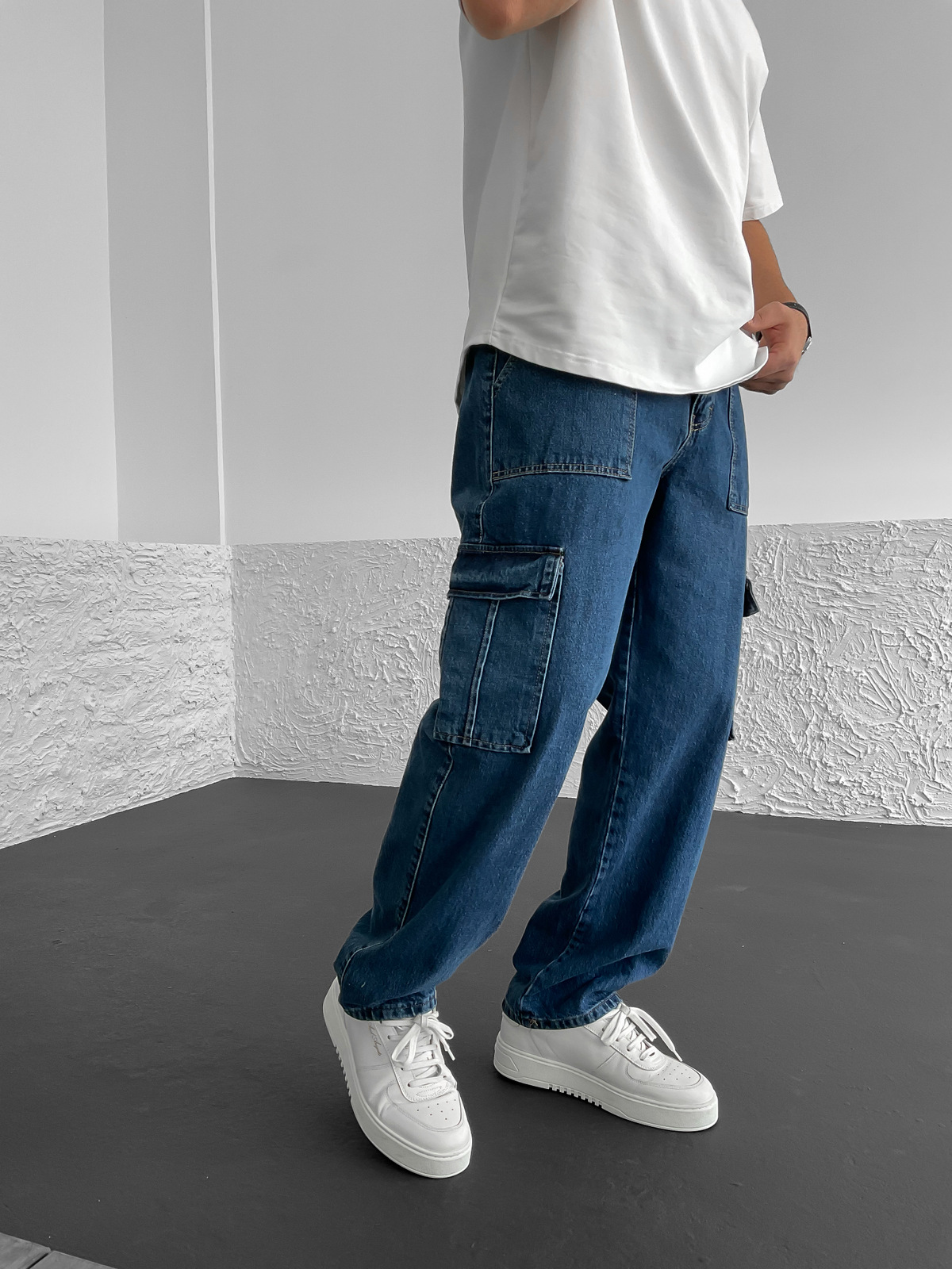 Koyu Mavi Kargo Cepli Yıkamalı Baggy Jean RP-1503