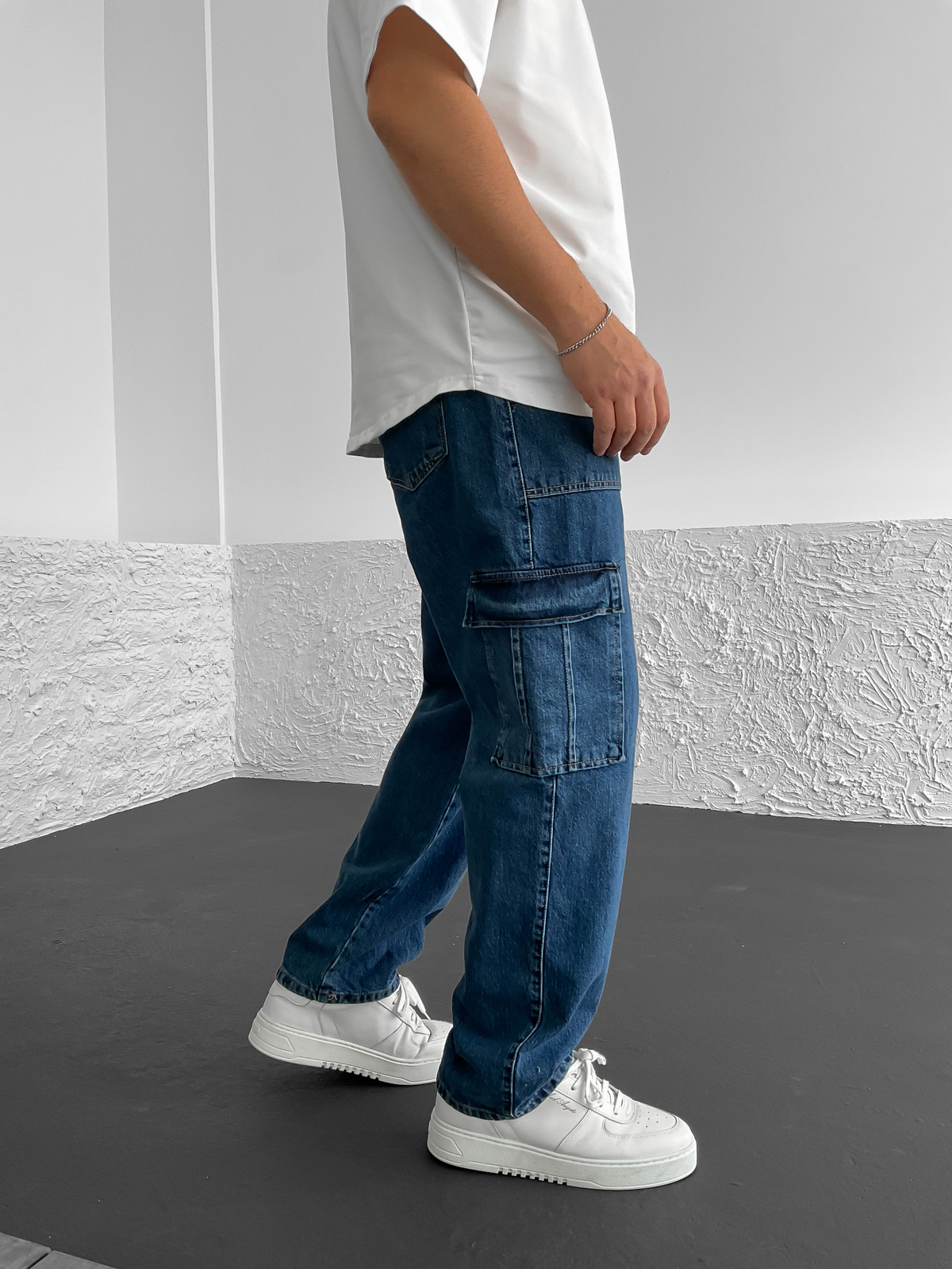 Koyu Mavi Kargo Cepli Yıkamalı Baggy Jean RP-1503
