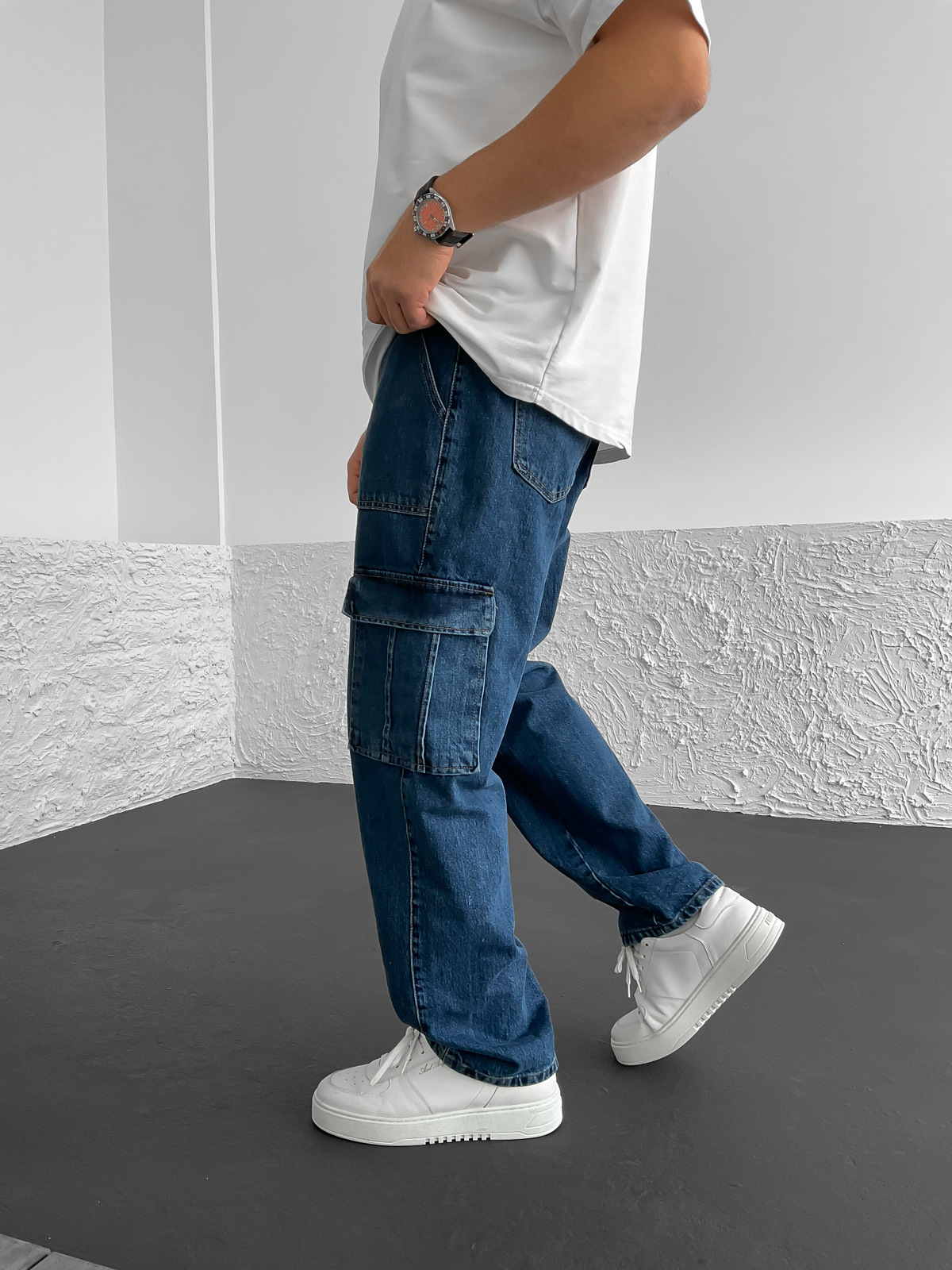 Koyu Mavi Kargo Cepli Yıkamalı Baggy Jean RP-1503
